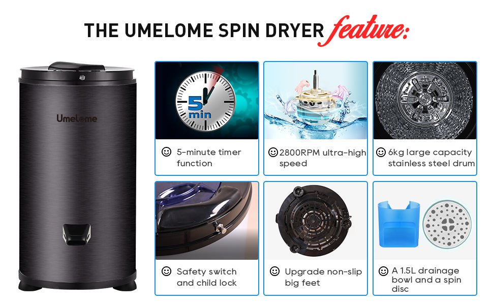 Spin Dryer 6kg by Umelome, Energy&Power Saving Spinner, Energy Efficiency Class: A+++, 2800 RPM Clothes Dryer, Gravity Drain dryer, Black - Amazing Gadgets Outlet