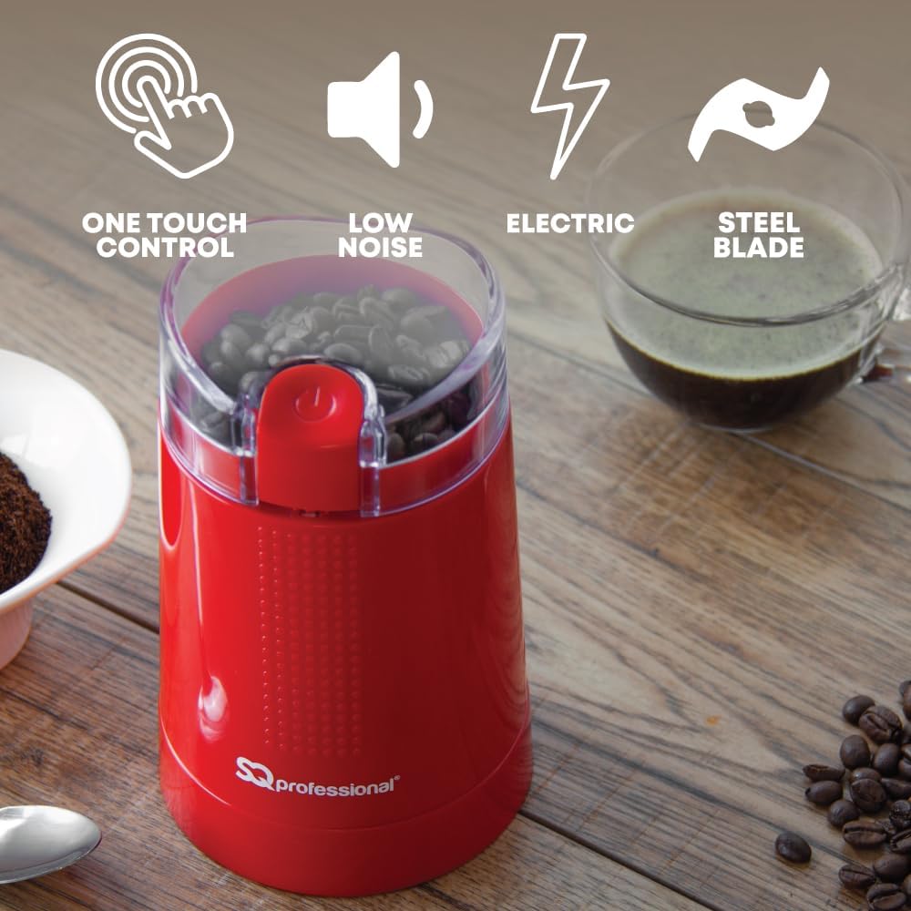 SQ Professional Blitz Coffee Grinder - Electric Fast Grinding for Coffee Beans Nuts Herbs & Spices - Spice Mill One Touch Control Button & Stainless Steel Blades - 150w (Red) - Amazing Gadgets Outlet