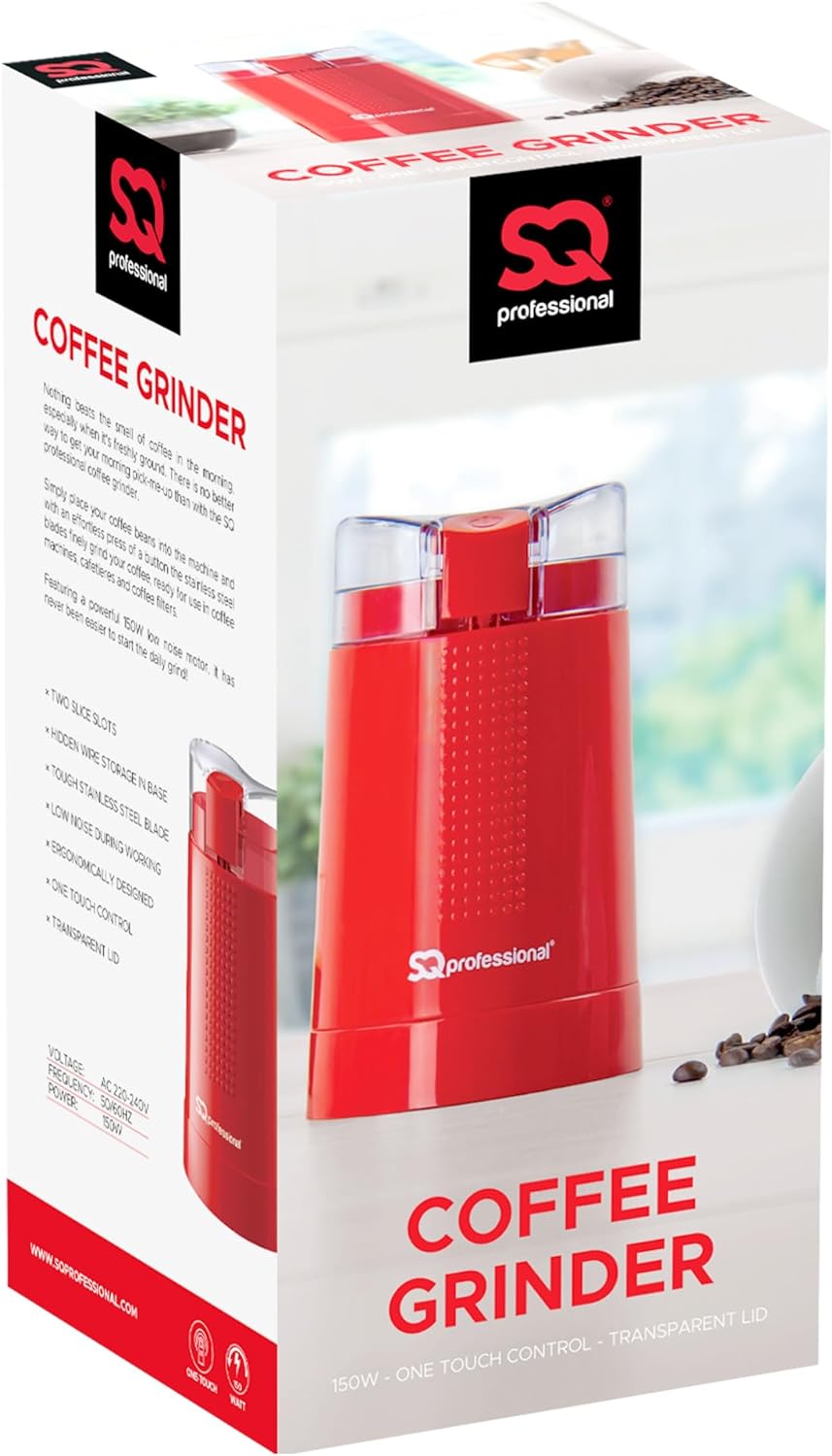 SQ Professional Blitz Coffee Grinder - Electric Fast Grinding for Coffee Beans Nuts Herbs & Spices - Spice Mill One Touch Control Button & Stainless Steel Blades - 150w (Red) - Amazing Gadgets Outlet