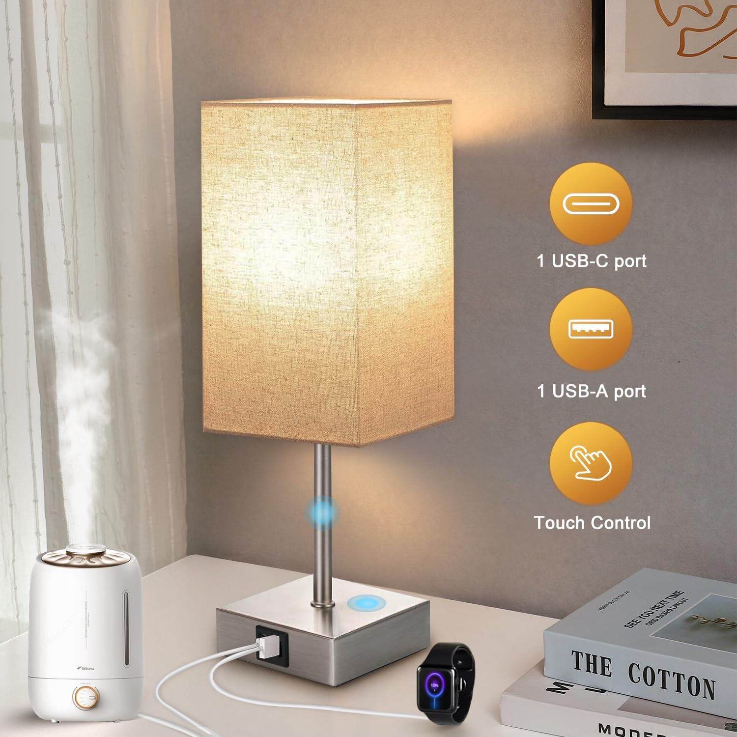 STANBOW Table Lamp, Touch Control Bedside Lamp with USB A+C Charging Ports, 3 Way Dimmable Desk Lamp for Bedroom Living Room with Grey Fabric Shade (LED Bulb Included) - Amazing Gadgets Outlet