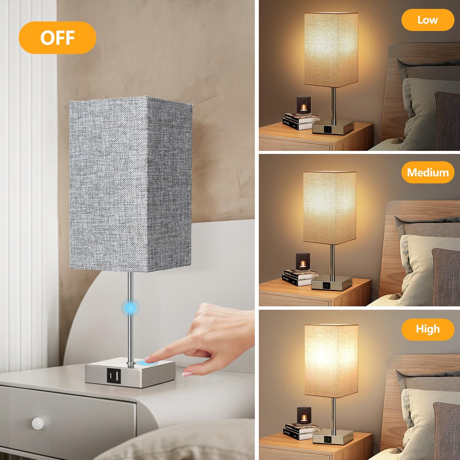 STANBOW Table Lamp, Touch Control Bedside Lamp with USB A+C Charging Ports, 3 Way Dimmable Desk Lamp for Bedroom Living Room with Grey Fabric Shade (LED Bulb Included) - Amazing Gadgets Outlet