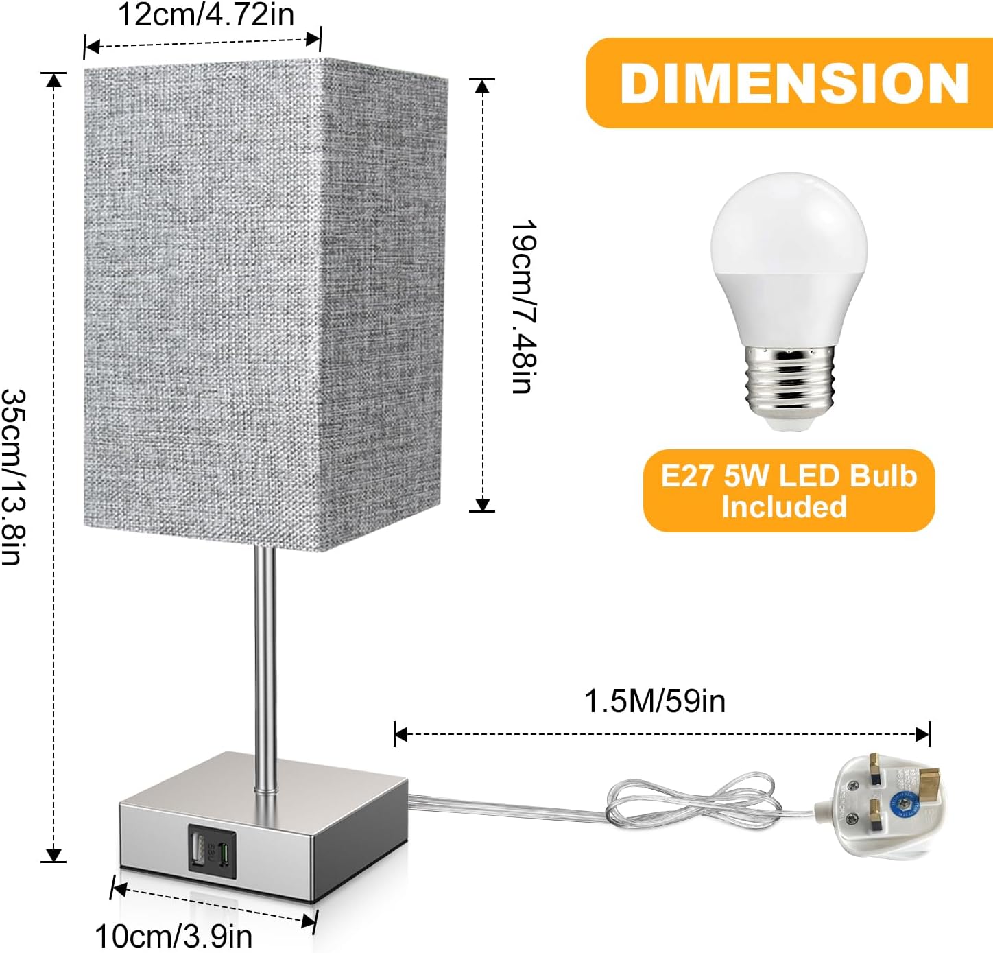 STANBOW Table Lamp, Touch Control Bedside Lamp with USB A+C Charging Ports, 3 Way Dimmable Desk Lamp for Bedroom Living Room with Grey Fabric Shade (LED Bulb Included) - Amazing Gadgets Outlet