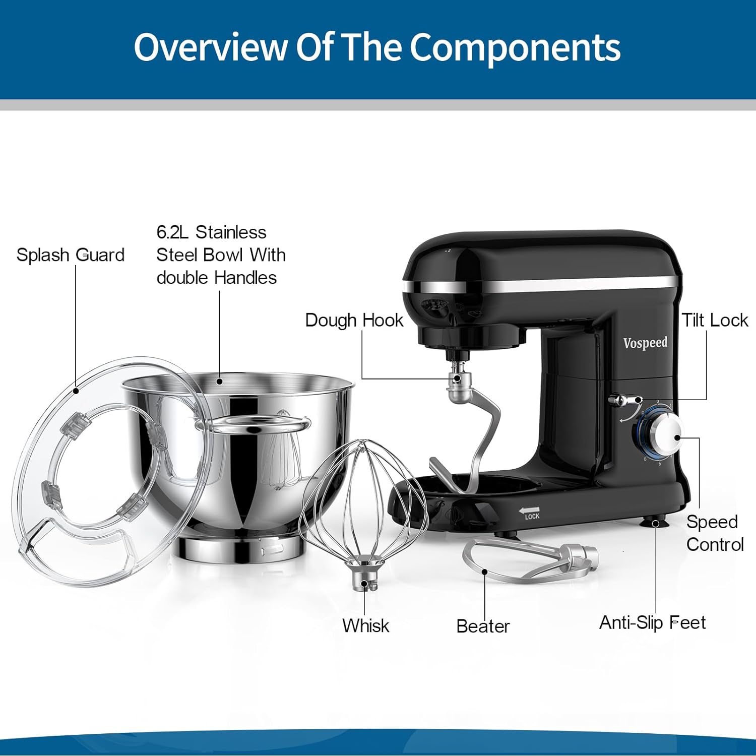 Stand Mixer, Vospeed Food Mixer Dough Blender, 6.2L 1500W Electric Cake Mixer with Bowl, Beater, Hook, Whisk, Egg Separator & Silicone Spatula, Dishwasher Safe (Black) - Amazing Gadgets Outlet