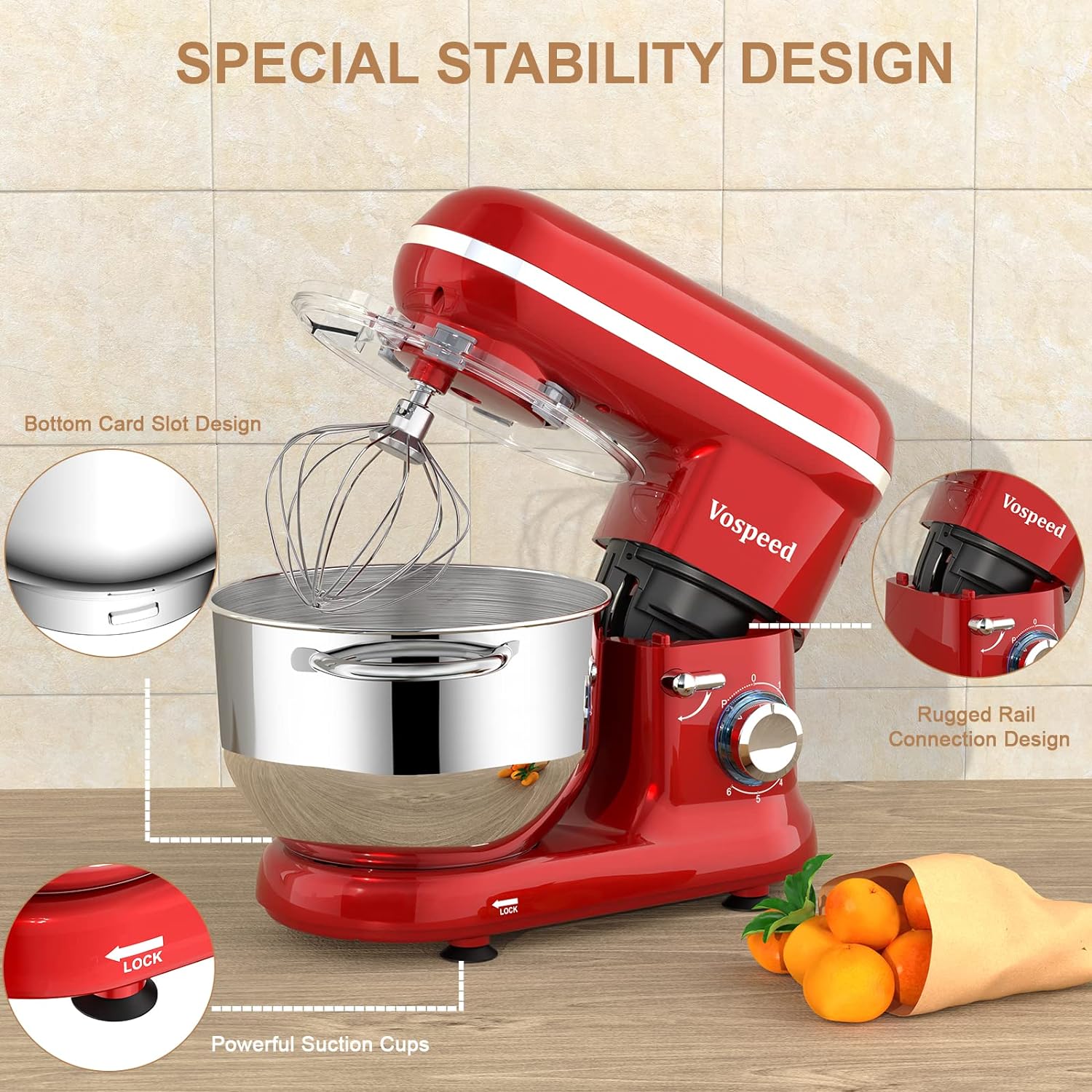 Stand Mixer, Vospeed Food Mixer Dough Blender, 6.2L 1500W Electric Cake Mixer with Bowl, Beater, Hook, Whisk, Egg Separator & Silicone Spatula, Dishwasher Safe (Red) - Amazing Gadgets Outlet