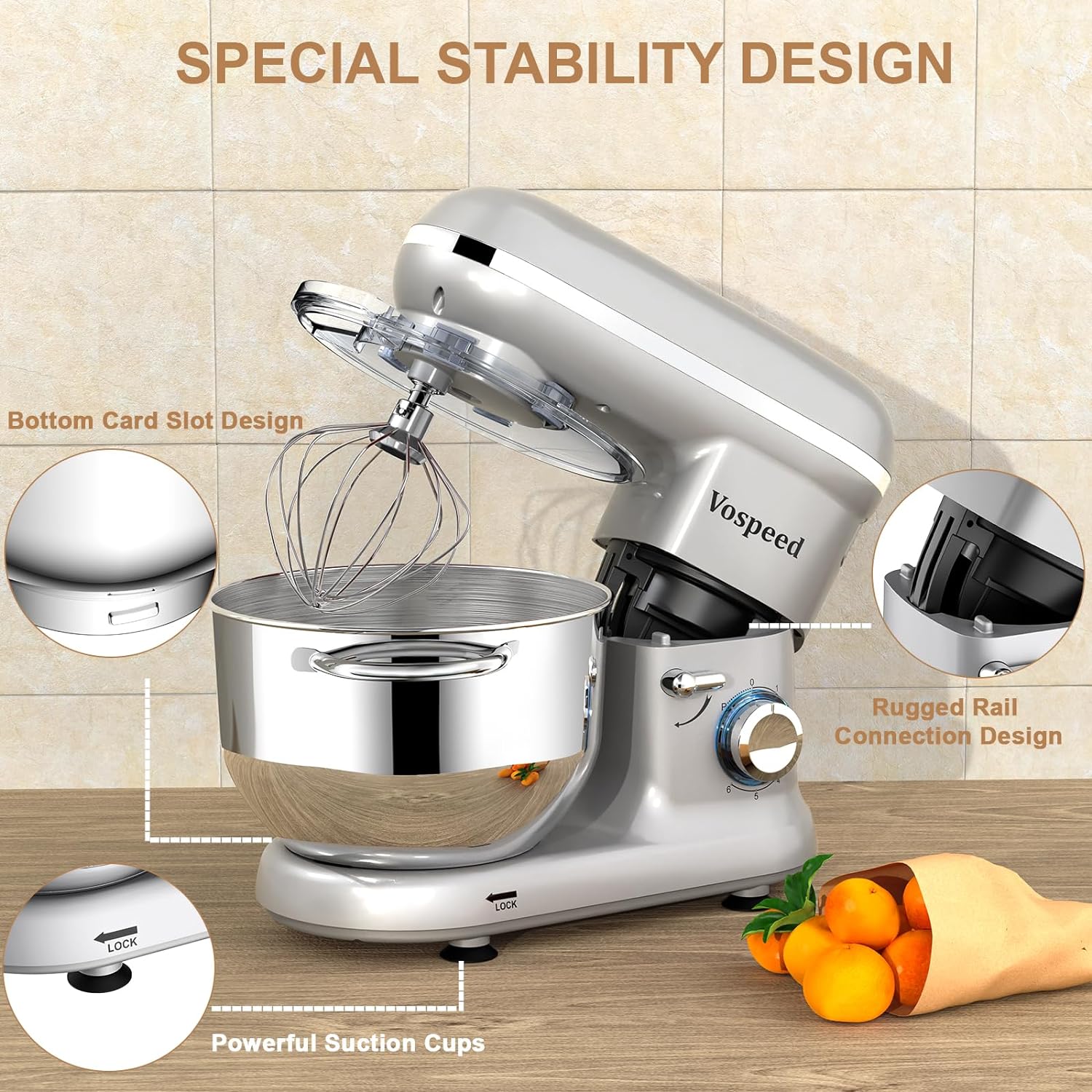 Stand Mixer, Vospeed Food Mixer Dough Blender, 6.2L 1500W Electric Cake Mixer with Bowl, Beater, Hook, Whisk, Egg Separator & Silicone Spatula, Dishwasher Safe (Silver) - Amazing Gadgets Outlet