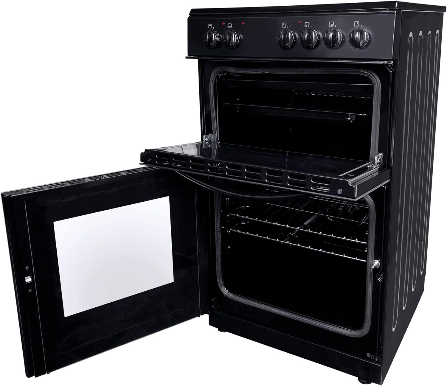 Statesman EDC50B Fan Assisted Double Oven Electric Cooker, 4 Zone Ceramic Hob, Integrated Grill, 50cm Wide, Double Glazed Door, 1 Deep Tray with Wired Chrome Grid, Black - Amazing Gadgets Outlet