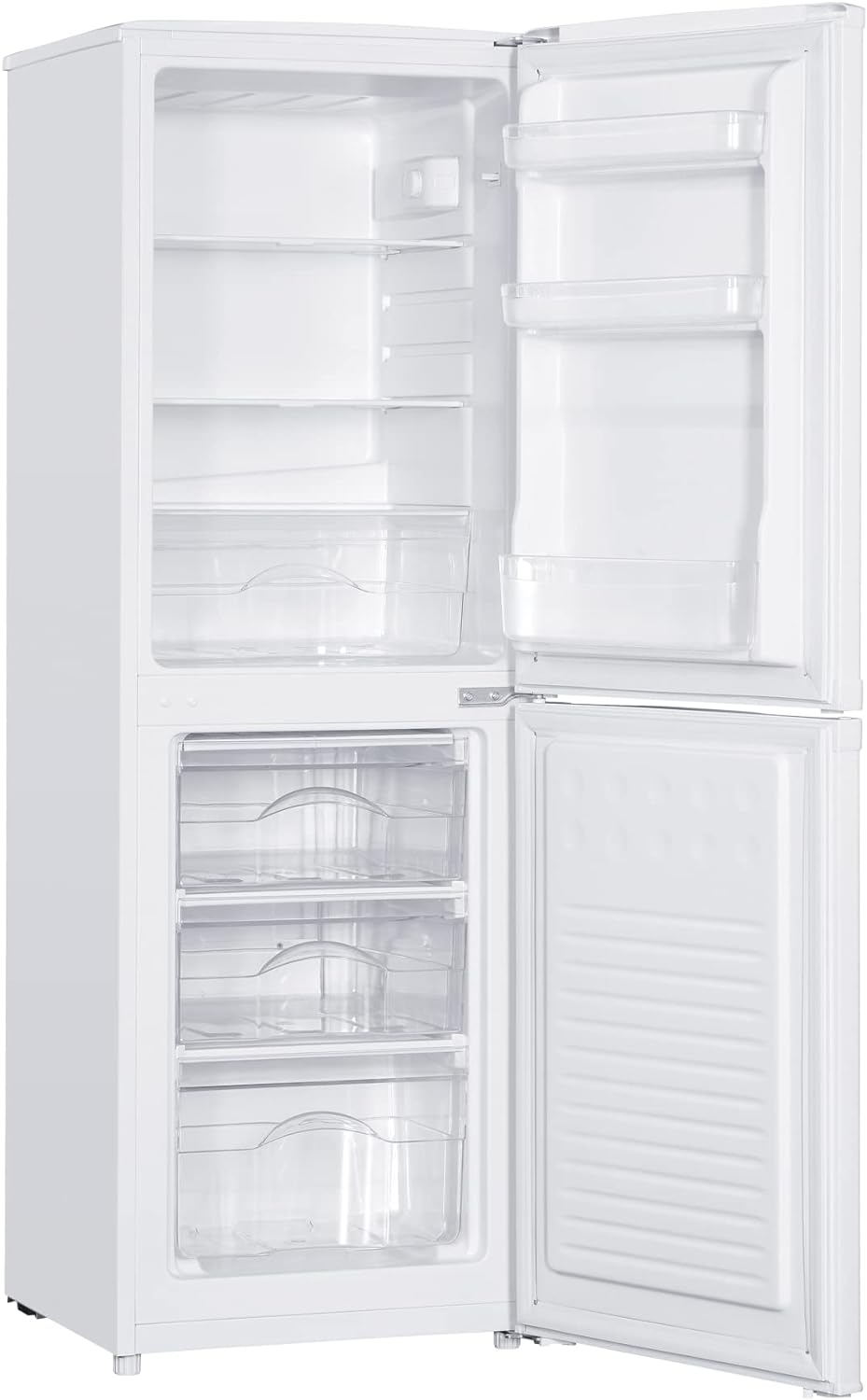 Statesman F1448W Freestanding 50/50 Fridge Freezer with 3 Clear Freezer + Fridge Drawers, 3 Adjustable Glass Fridge Shelves, 87L Fridge, 55L Freezer, 48 cm Wide, White - Amazing Gadgets Outlet