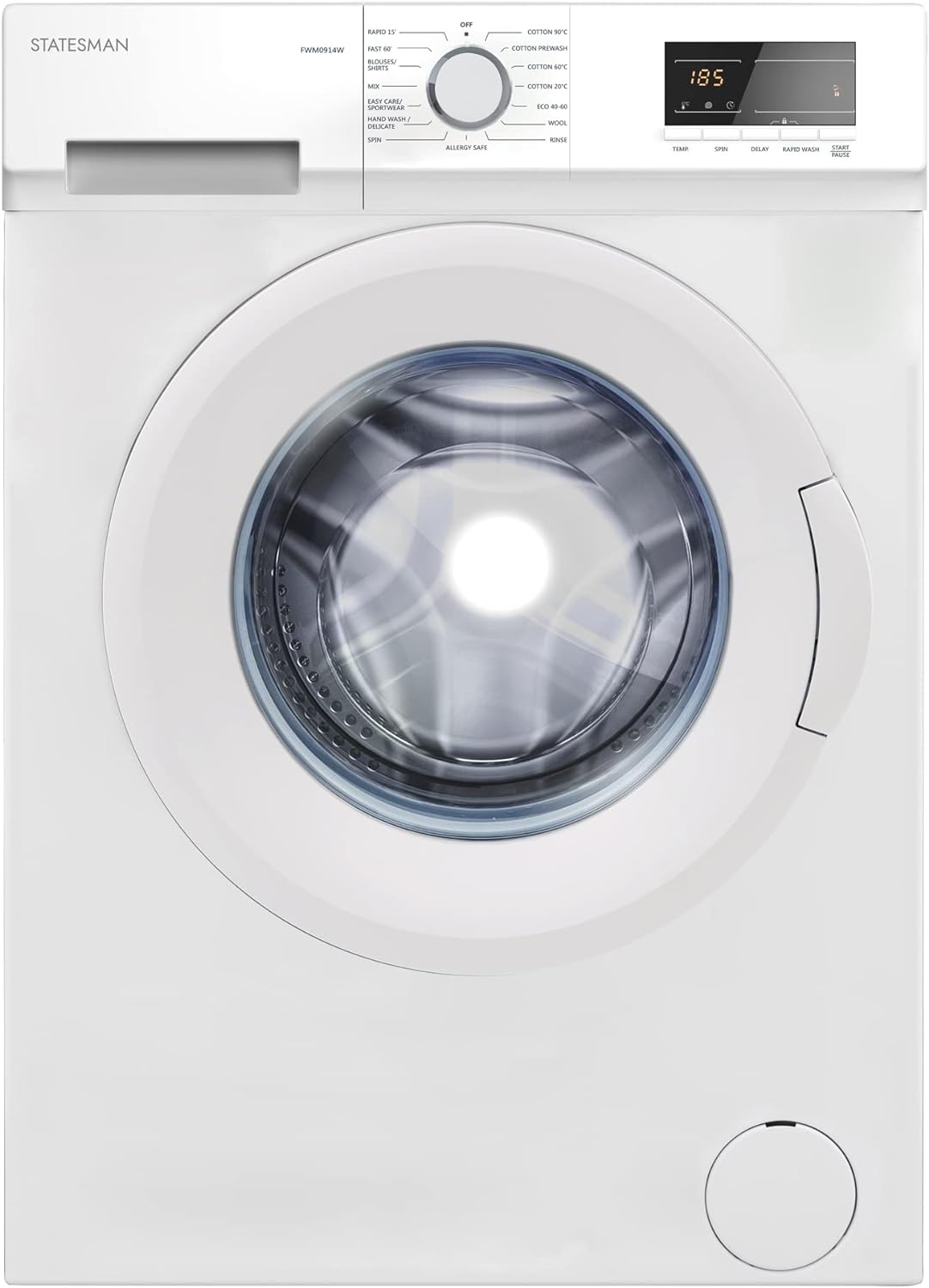 Statesman FWM0914W Freestanding Washing Machine 1400rpm, 9Kg Load Capacity, Front Load, 23 Hour Delay Timer, 15 Wash Programs, Eco & Anti - Allergy Wash, White - Amazing Gadgets Outlet