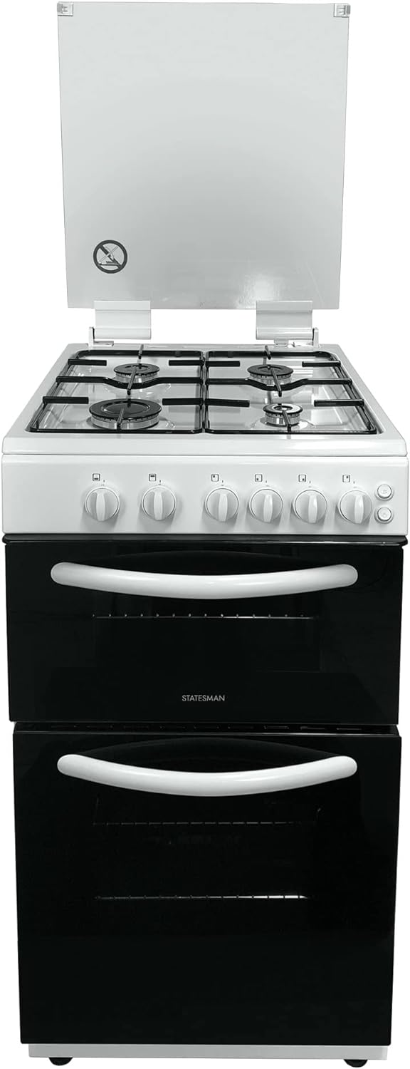 Statesman GDL60W NOVA Double Oven Gas Cooker with Glass Lid & Closed Door Grilling, 4 Gas Burners, 60cm Wide, White - Amazing Gadgets Outlet