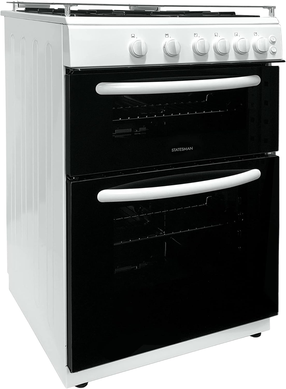 Statesman GDL60W NOVA Double Oven Gas Cooker with Glass Lid & Closed Door Grilling, 4 Gas Burners, 60cm Wide, White - Amazing Gadgets Outlet