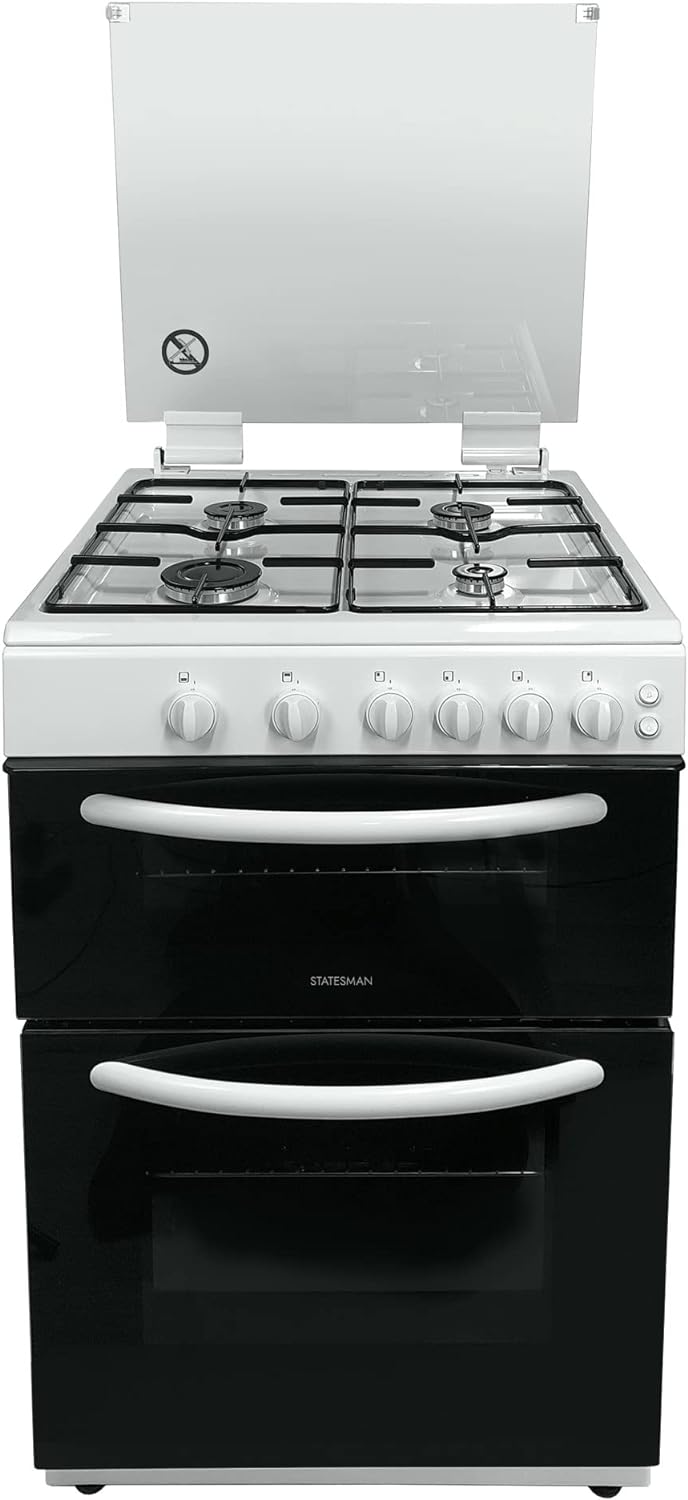 Statesman GDL60W NOVA Double Oven Gas Cooker with Glass Lid & Closed Door Grilling, 4 Gas Burners, 60cm Wide, White - Amazing Gadgets Outlet