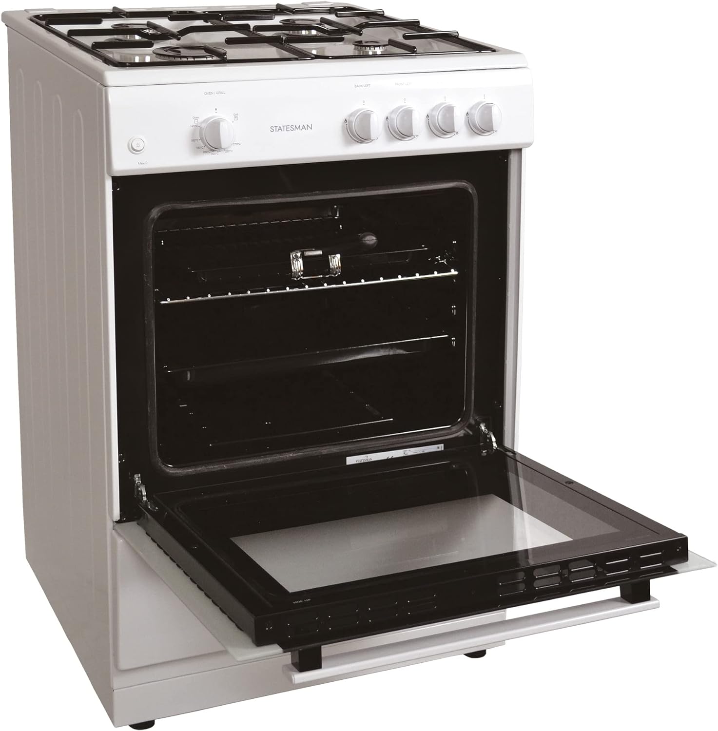 Statesman MAXI60GSF Single Cavity Gas Cooker, Integrated Grill, 60cm, Double Glazed Door, 1 Oven Shelf, 1 Oven Tray, LPG Conversion Kit Included, White - Amazing Gadgets Outlet