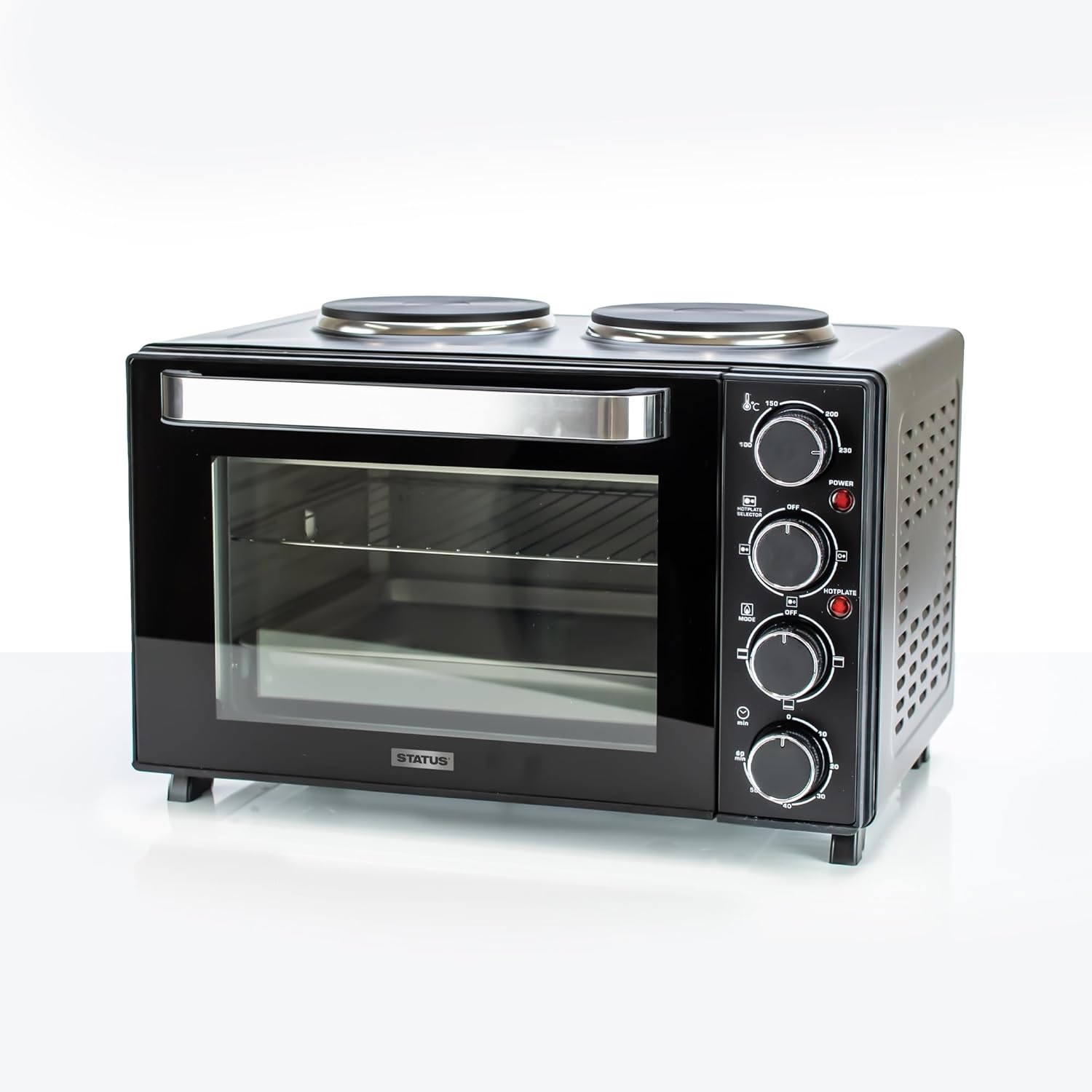 STATUS Amarillo Black Mini Oven: 25 litre capacity oven with a grilled function and dual hot plates 2 / 1400w / AMARILLO1PKB - Amazing Gadgets Outlet