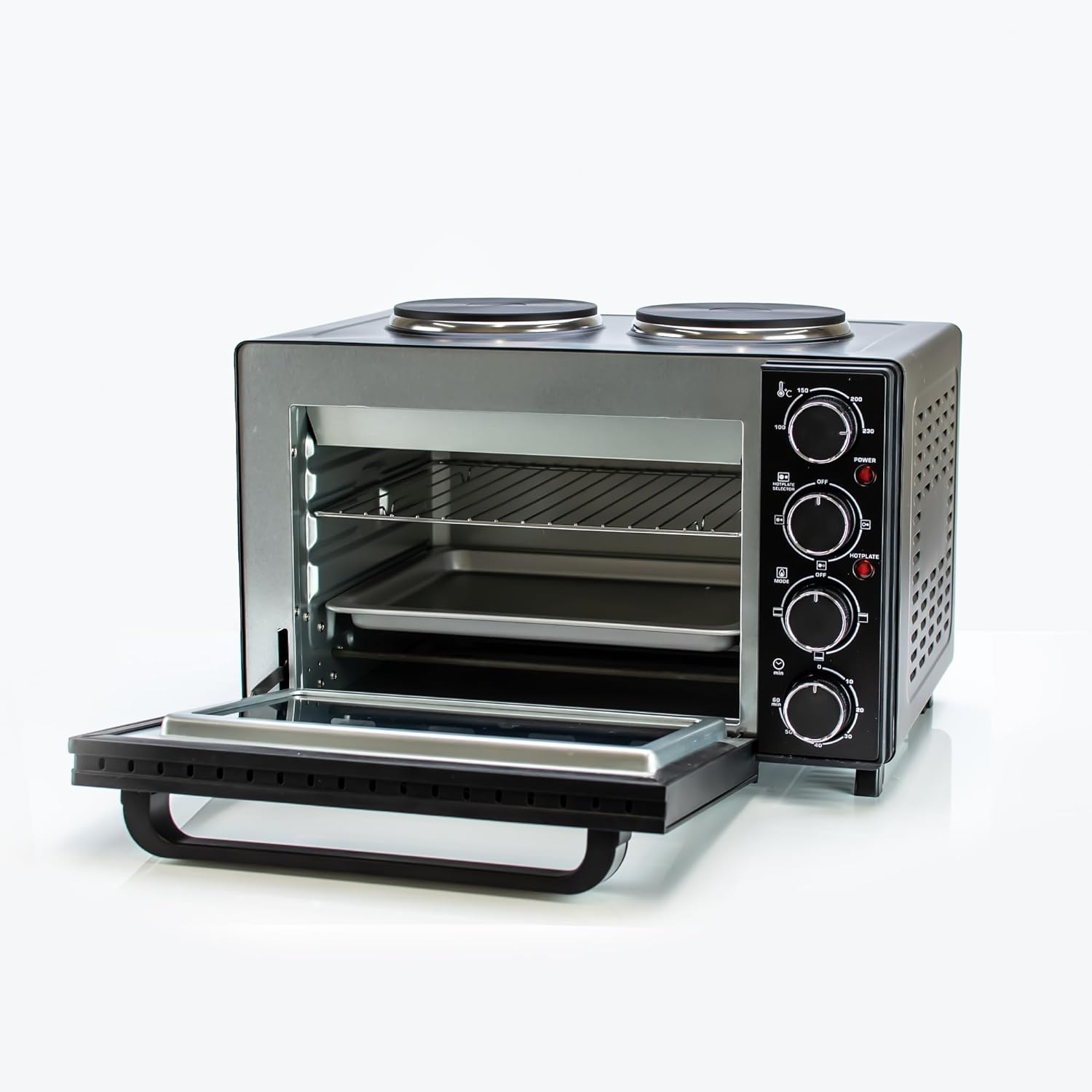 STATUS Amarillo Black Mini Oven: 25 litre capacity oven with a grilled function and dual hot plates 2 / 1400w / AMARILLO1PKB - Amazing Gadgets Outlet