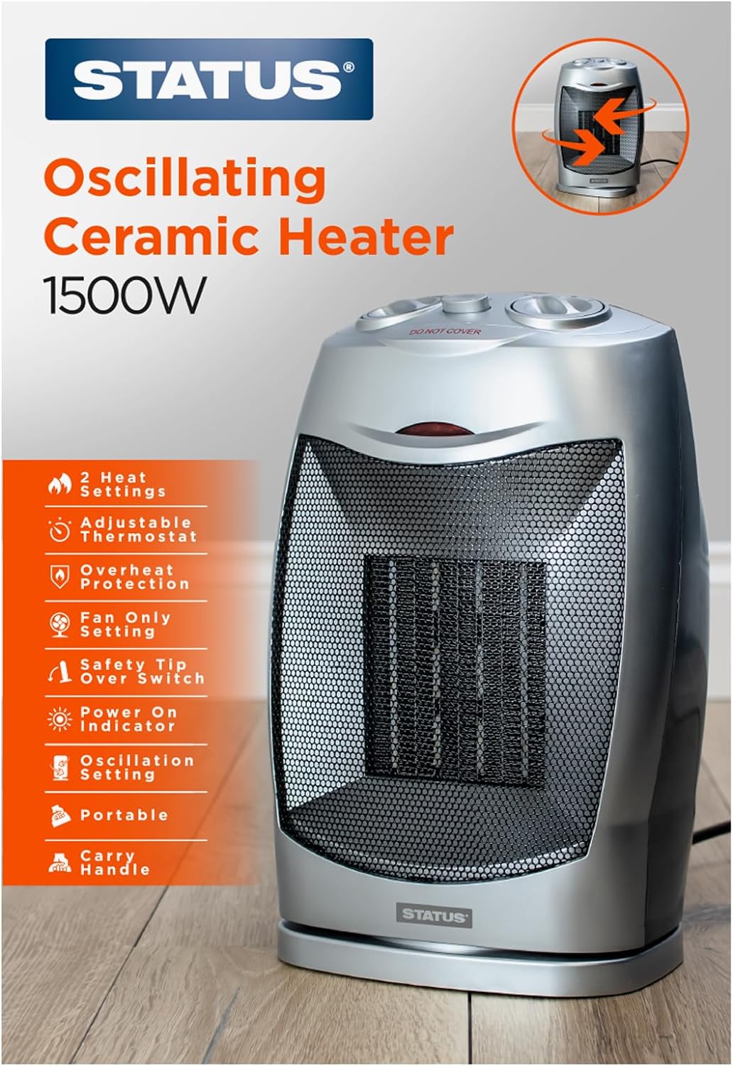 STATUS Oscillating Ceramic PTC Fan Heater - 1500w - Silver - 2 Heat Settings + Fan Only Setting - with Adjustable Thermostat [CFH - 1500W1PKB6] - Amazing Gadgets Outlet