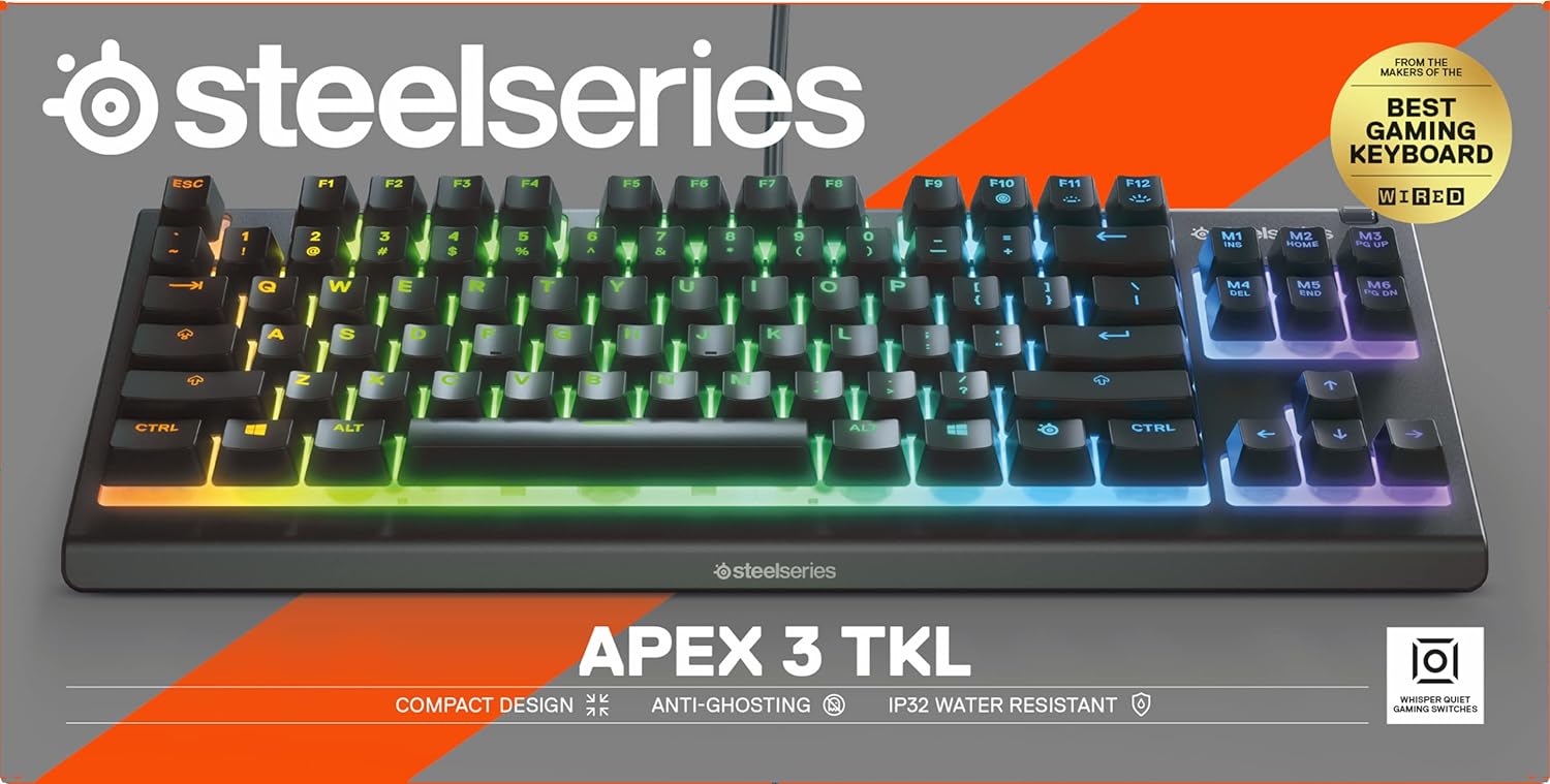 SteelSeries Apex 3 TKL - RGB Gaming Keyboard - Tenkeyless Compact Esports Form Factor - 8 - Zone RGB Illumination - IP32 Water & Dust Resistant - English QWERTY Layout - Amazing Gadgets Outlet