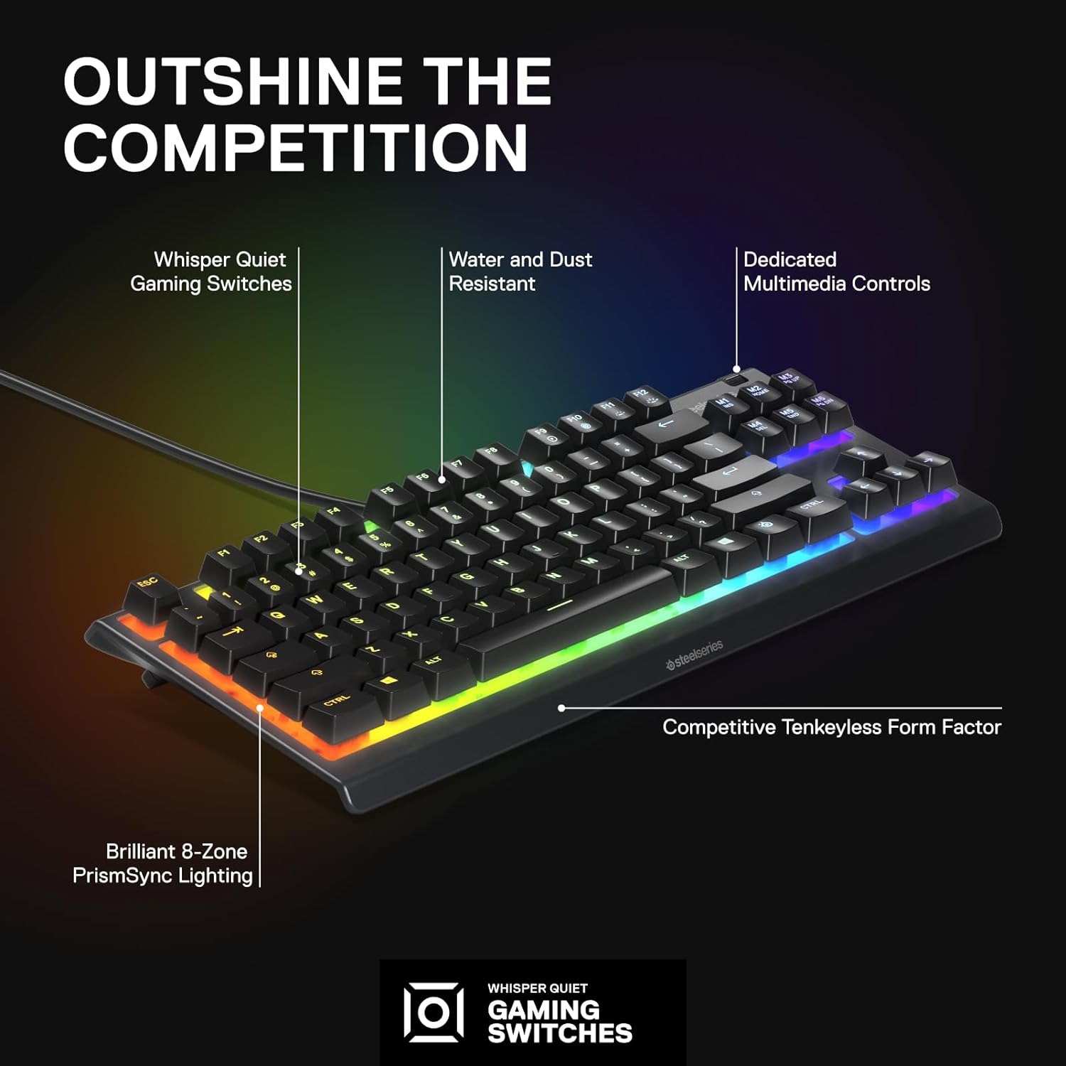 SteelSeries Apex 3 TKL - RGB Gaming Keyboard - Tenkeyless Compact Esports Form Factor - 8 - Zone RGB Illumination - IP32 Water & Dust Resistant - English QWERTY Layout - Amazing Gadgets Outlet