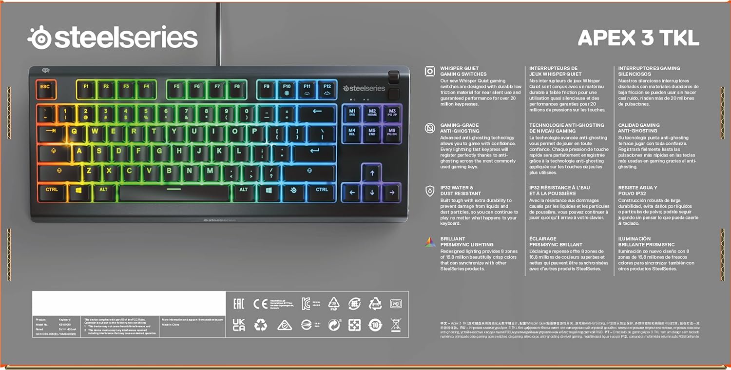 SteelSeries Apex 3 TKL - RGB Gaming Keyboard - Tenkeyless Compact Esports Form Factor - 8 - Zone RGB Illumination - IP32 Water & Dust Resistant - English QWERTY Layout - Amazing Gadgets Outlet