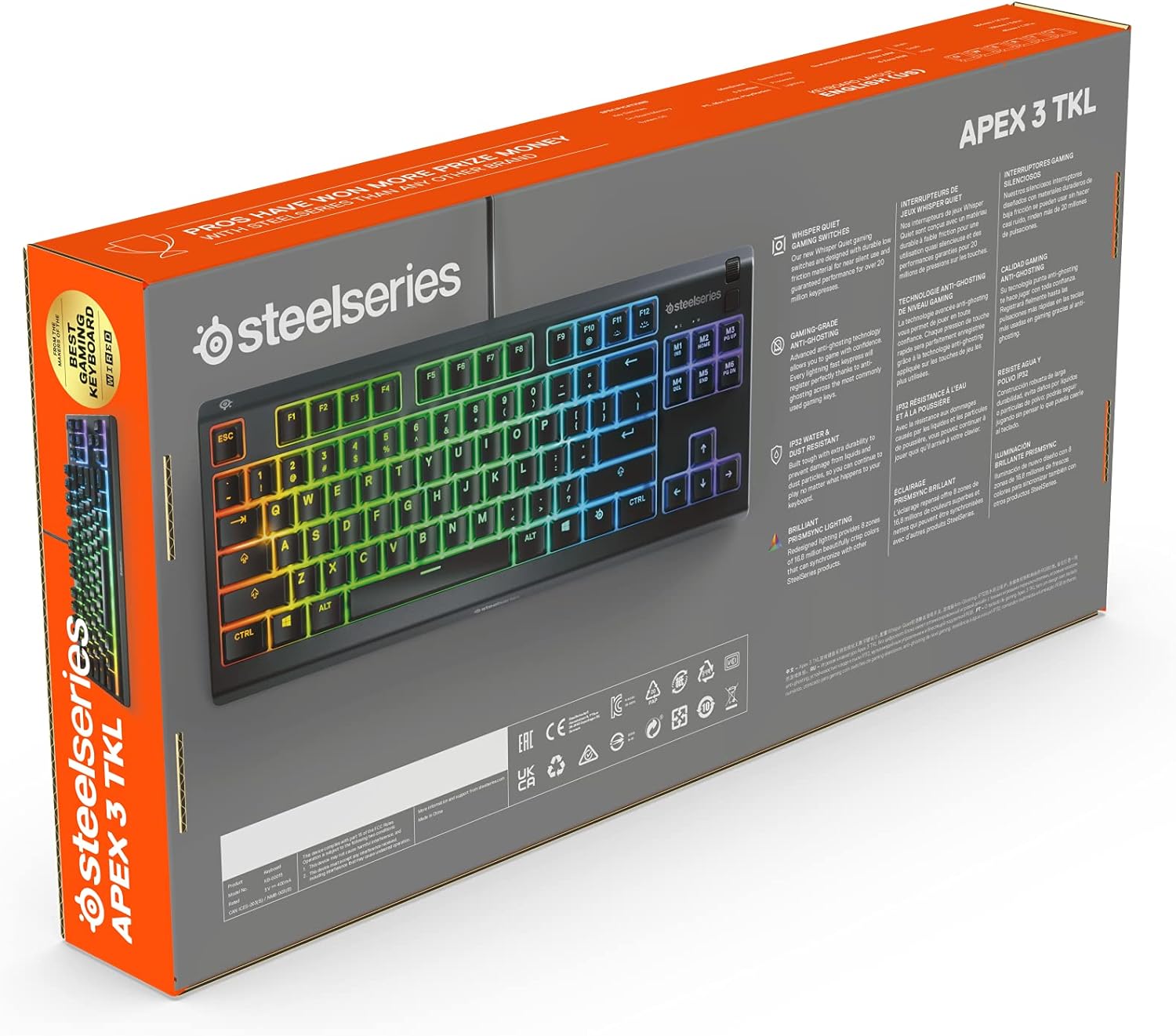 SteelSeries Apex 3 TKL - RGB Gaming Keyboard - Tenkeyless Compact Esports Form Factor - 8 - Zone RGB Illumination - IP32 Water & Dust Resistant - English QWERTY Layout - Amazing Gadgets Outlet