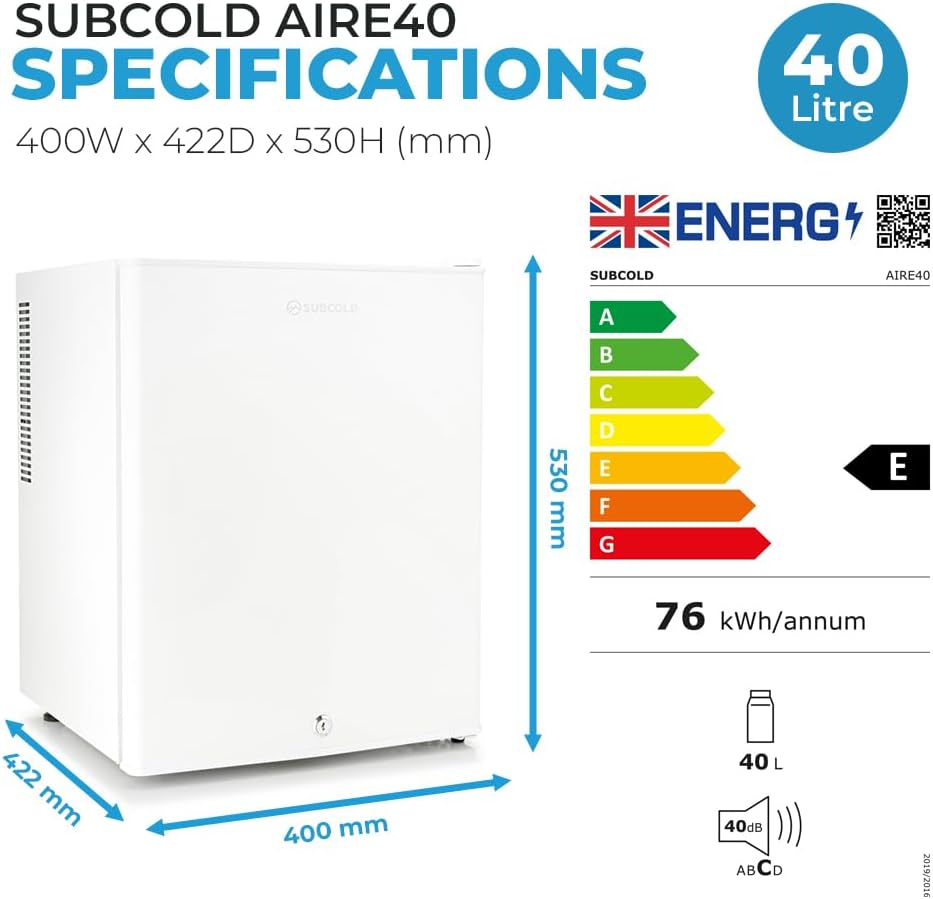 Subcold Aire40 LED Mini Fridge | 40L Table Top Fridge | Quiet & Frost Free for Bedrooms & Hotels | Lockable with Solid door & interior LED light (White) - Amazing Gadgets Outlet