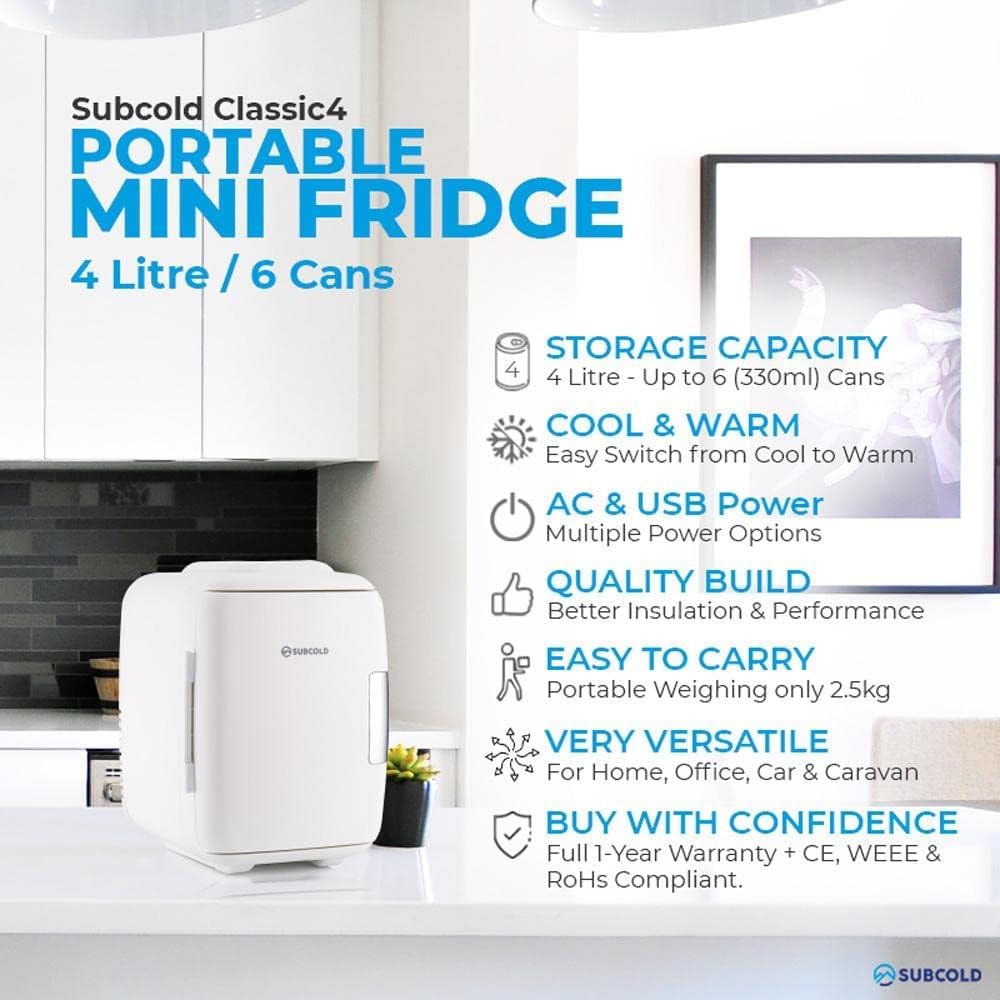 Subcold Classic4 Mini Fridge - Cooler & Warmer | 4 Litre/6 Cans | AC+USB | Portable Small Fridge for Skincare, Bedroom, Dorm, Car, Travel (White) - Amazing Gadgets Outlet