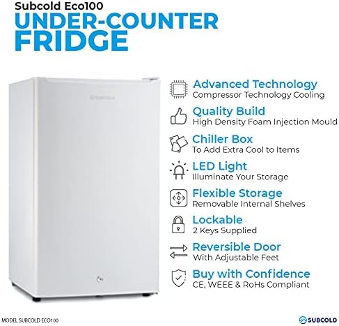 Subcold Eco100 LED Under - Counter White Fridge | Freestanding Refrigerator | Solid Door with Chiller Box | LED Light + Lock & Key | Energy Efficient (100L, White) - Amazing Gadgets Outlet