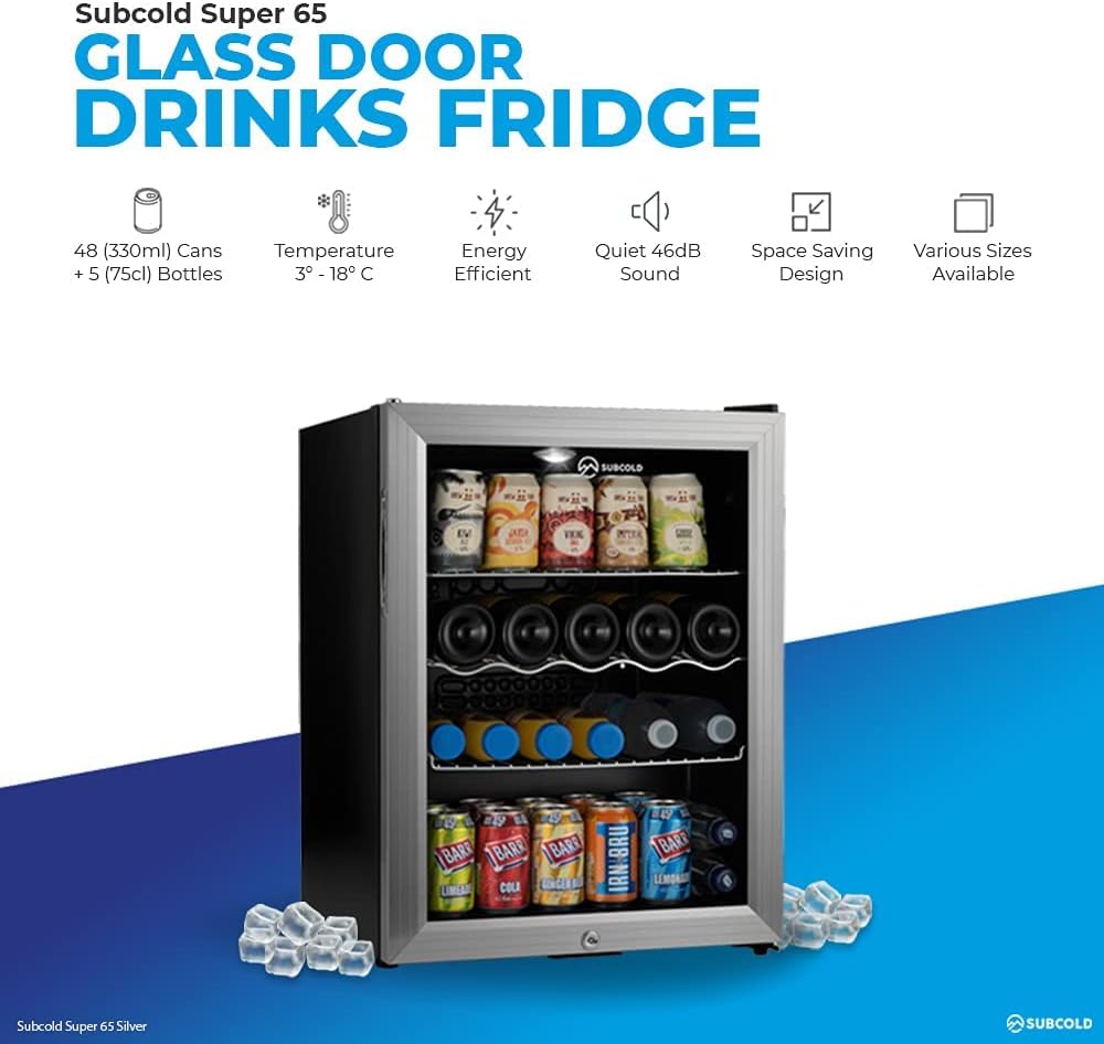 Subcold Super65 LED - Table - Top Fridge | 65L Beer, Wine and Drinks Fridge | LED Light + Lock and Key | Energy Efficient (Silver) - Amazing Gadgets Outlet