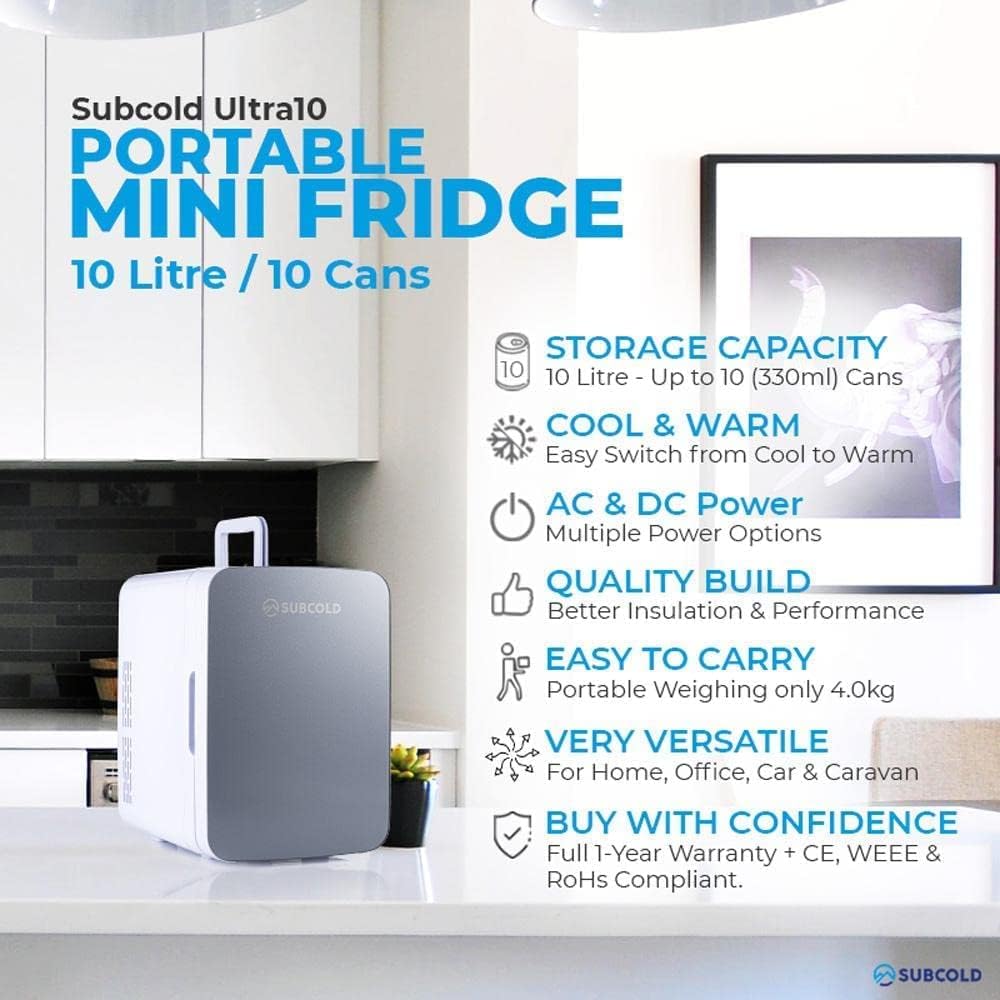 Subcold Ultra 10 Mini Fridge Cooler & Warmer | 3rd Gen | 10L capacity | Compact, Portable and Quiet | AC+DC Power Compatibility (Grey) - Amazing Gadgets Outlet