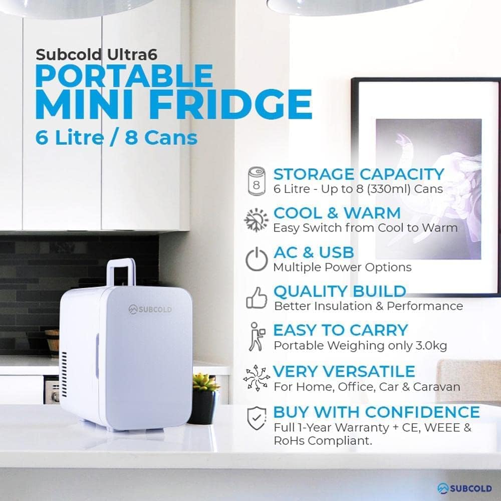 Subcold Ultra 6 Mini Fridge Cooler & Warmer | 3rd Gen | 6L capacity | Compact, Portable and Quiet | AC+USB Power Compatibility (White) - Amazing Gadgets Outlet