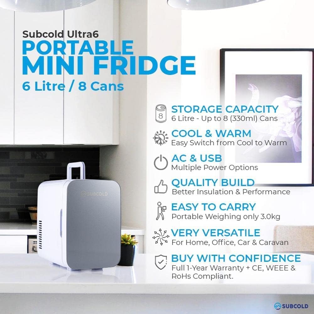 Subcold Ultra 6 Mini Fridge Cooler & Warmer | 6L capacity | Compact, Portable and Quiet | AC+USB Power Compatibility (Grey) - Amazing Gadgets Outlet
