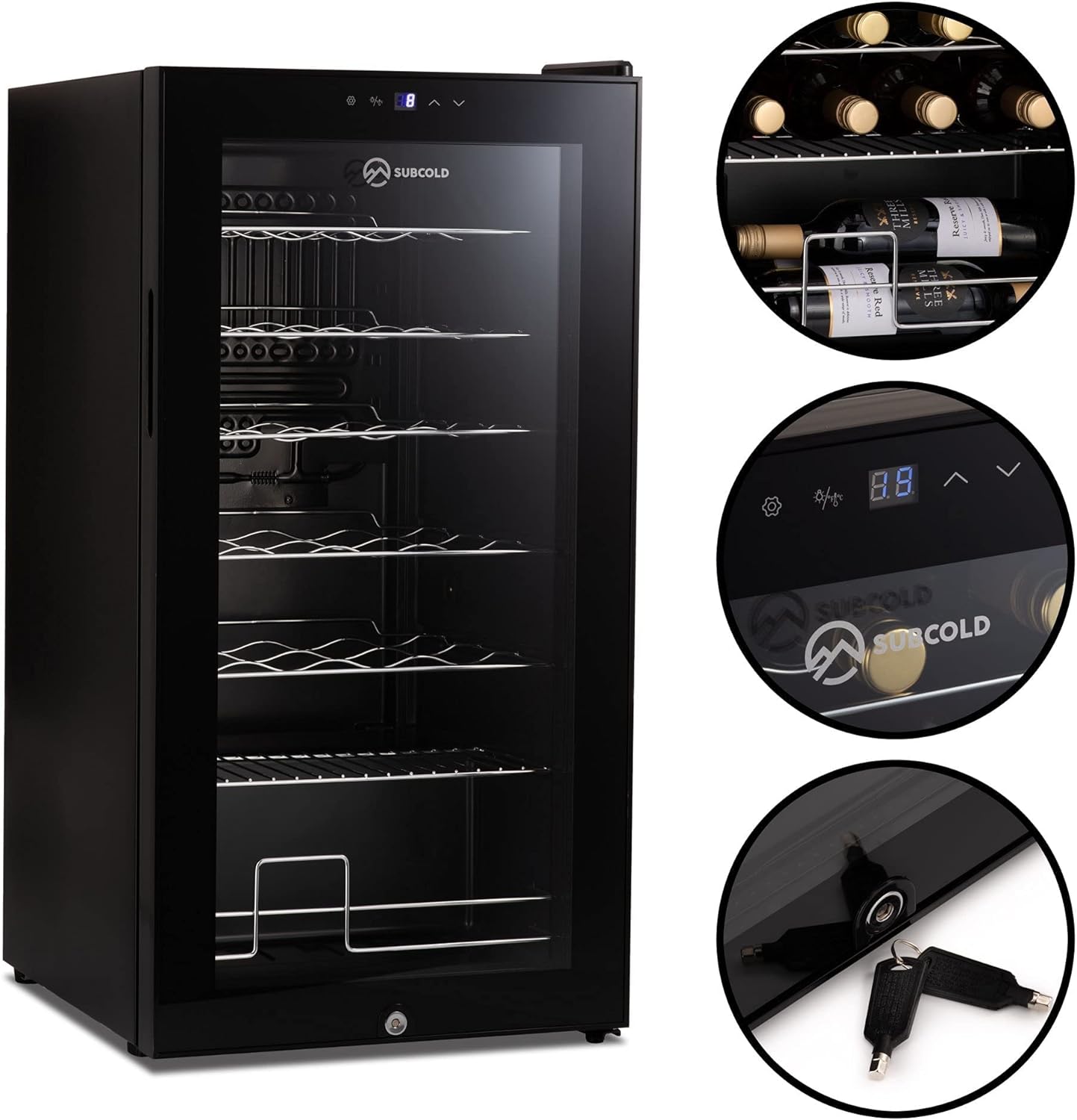 Subcold Viva28 LED – Under - Counter Wine Fridge Black | 3 - 18°C | Wine Cooler | LED + Lock & Key | Glass Door Drinks Cellar | Single - Zone (28 Bottle) - Amazing Gadgets Outlet