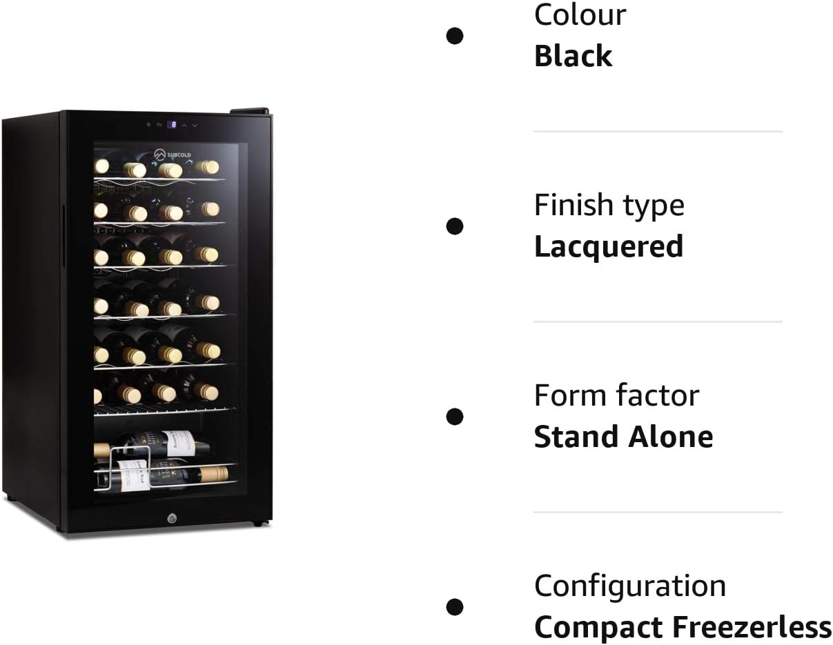 Subcold Viva28 LED – Under - Counter Wine Fridge Black | 3 - 18°C | Wine Cooler | LED + Lock & Key | Glass Door Drinks Cellar | Single - Zone (28 Bottle) - Amazing Gadgets Outlet