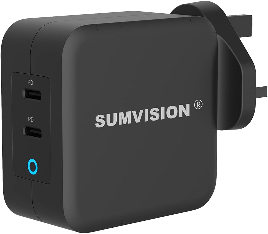 SUMVISION 100W USB C Dual Port Compact Quick Charge Fast Wall Charger Plug Adapter GaN PD PPS Compatible with latest Macbook Pro Laptop ipad iphone Samsung Smart Phones (UK DESIGN UK TECH SUPPORT) - Amazing Gadgets Outlet