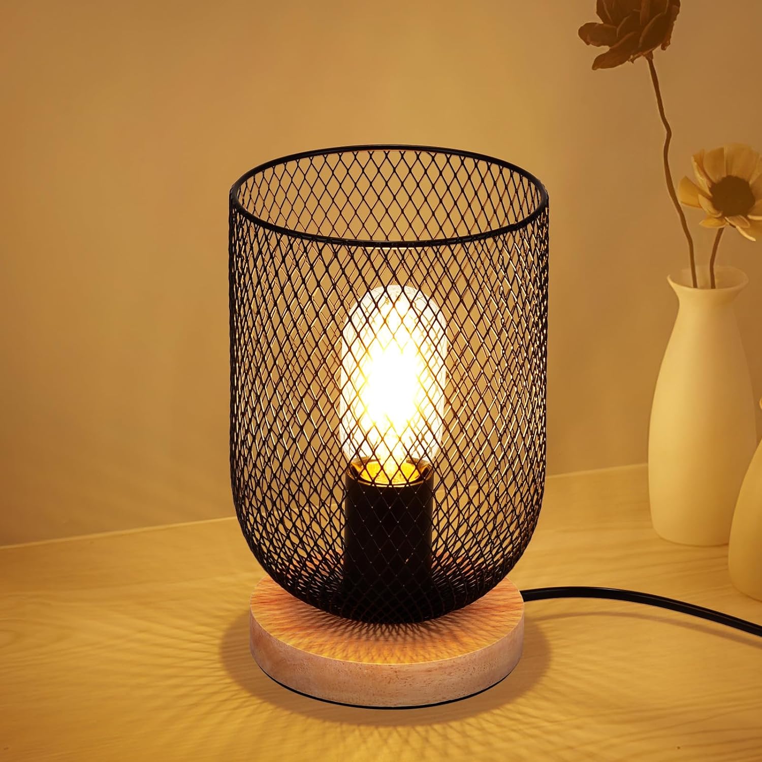 SUNJULY Table Lamp, Bedside Lamps for Bedroom,Black Metal Cage Bedside Lamp with E27 Edison Bulb,Retro Table Lamp Suitable for Reading, Bedroom, Living Room, Study, Office,Christmas Gifts - Amazing Gadgets Outlet