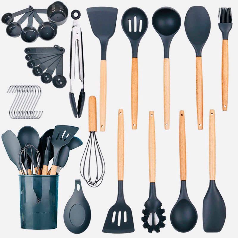 Super Professional 33 Pieces Kitchen Utensil Set, Silicon and Wooden Kitchen Set, Heat Resistant and Non - Sticky Cooking Utensils Set. - Amazing Gadgets Outlet