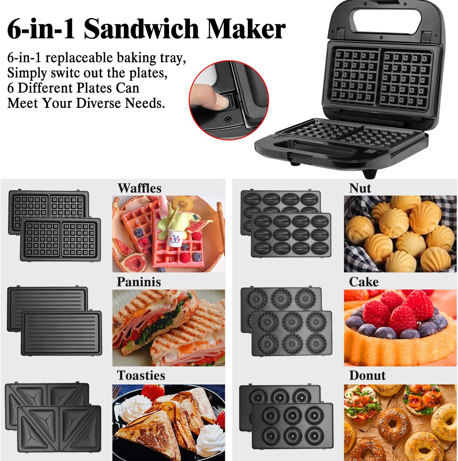 SUPERLEX 6 - IN - 1 Sandwich Maker,850W Toaster Machine,Grill Plates,Waffle Baking Plates,Sandwich Plates,Donut Plates,Nut plates,Cake plates,Easy Clean,Removable Non - Stick Plates - Amazing Gadgets Outlet