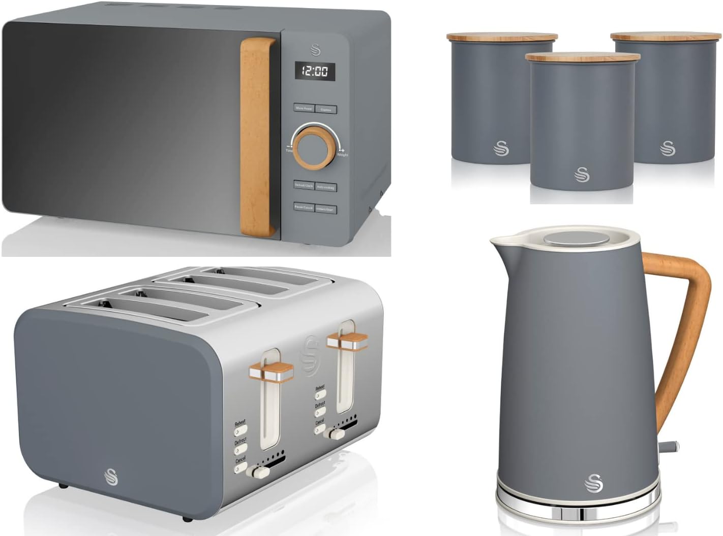 Swan Products Ltd Nordic 6 Piece Kitchen Set in Slate Grey Including 1.7L Jug Kettle, 4 Slice Toaster, 800W 20L Microwave & Tea, Coffee, Sugar Canisters. Scandinavian Style Kitchen Set - Amazing Gadgets Outlet