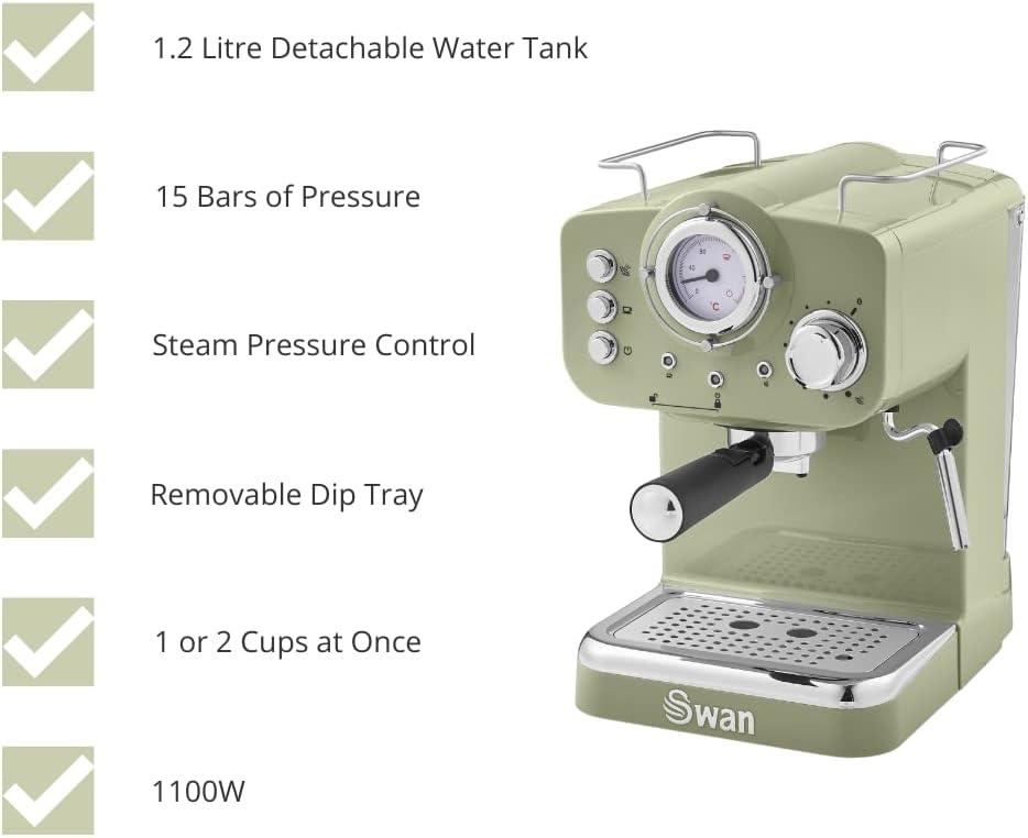 Swan SK22110GN Retro Espresso Coffee Machine with Milk Frother, Steam Pressure Control, 1.2L Detachable Water Tank, 1100W, Retro Green - Amazing Gadgets Outlet