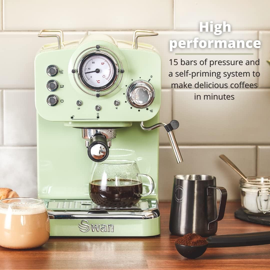 Swan SK22110GN Retro Espresso Coffee Machine with Milk Frother, Steam Pressure Control, 1.2L Detachable Water Tank, 1100W, Retro Green - Amazing Gadgets Outlet