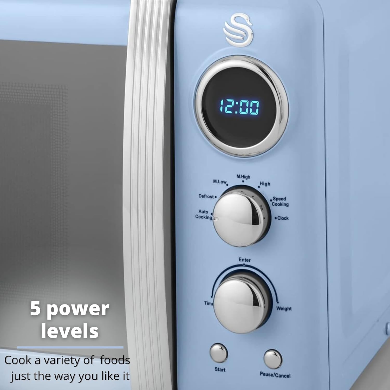 Swan SM22030LBLN Retro LED Digital Microwave with Glass Turntable, 5 Power levels & Defrost Setting, 20L, 800W, Blue - Amazing Gadgets Outlet