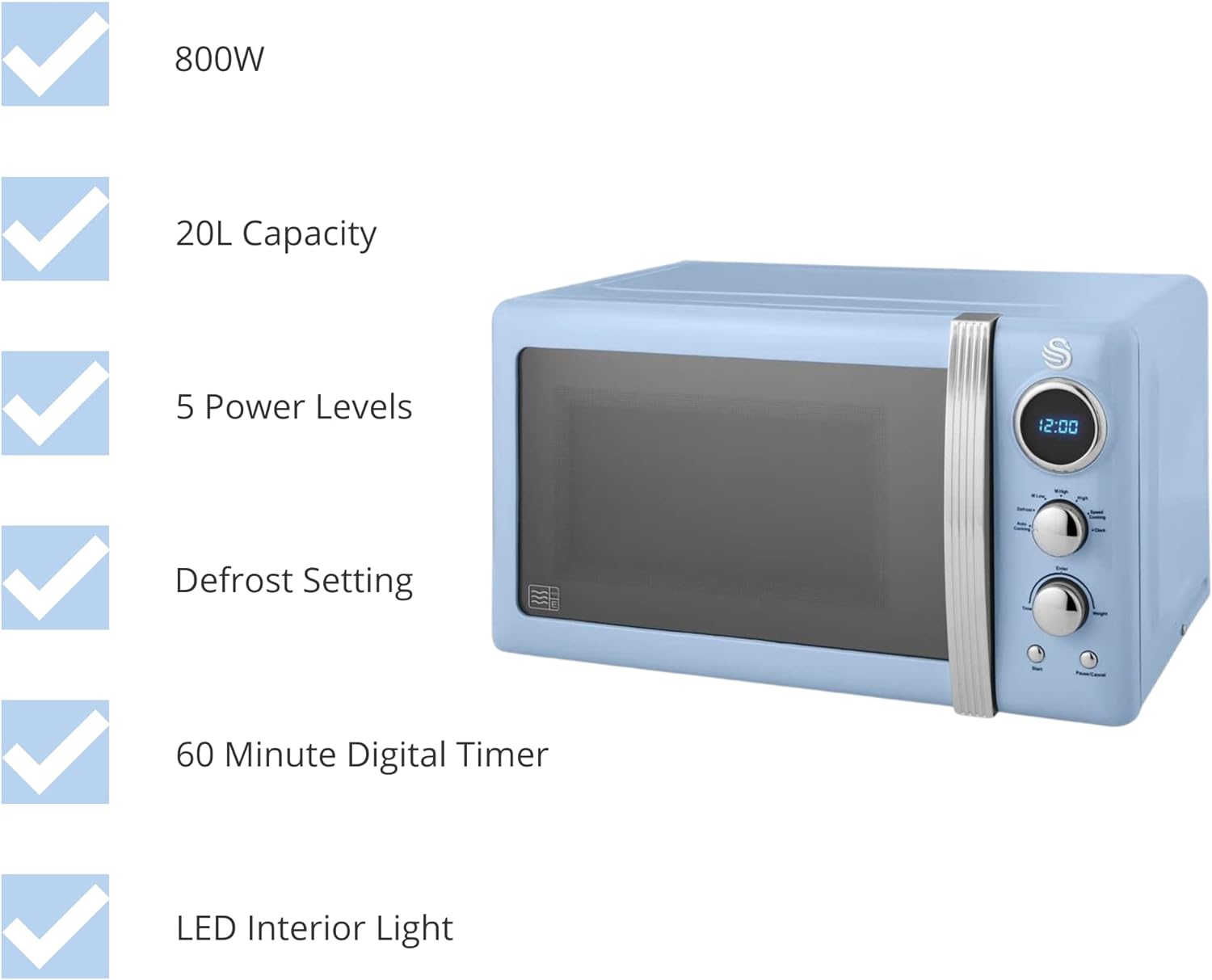 Swan SM22030LBLN Retro LED Digital Microwave with Glass Turntable, 5 Power levels & Defrost Setting, 20L, 800W, Blue - Amazing Gadgets Outlet