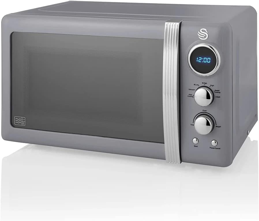 Swan SM22030LBLN Retro LED Digital Microwave with Glass Turntable, 5 Power levels & Defrost Setting, 20L, 800W, Blue - Amazing Gadgets Outlet