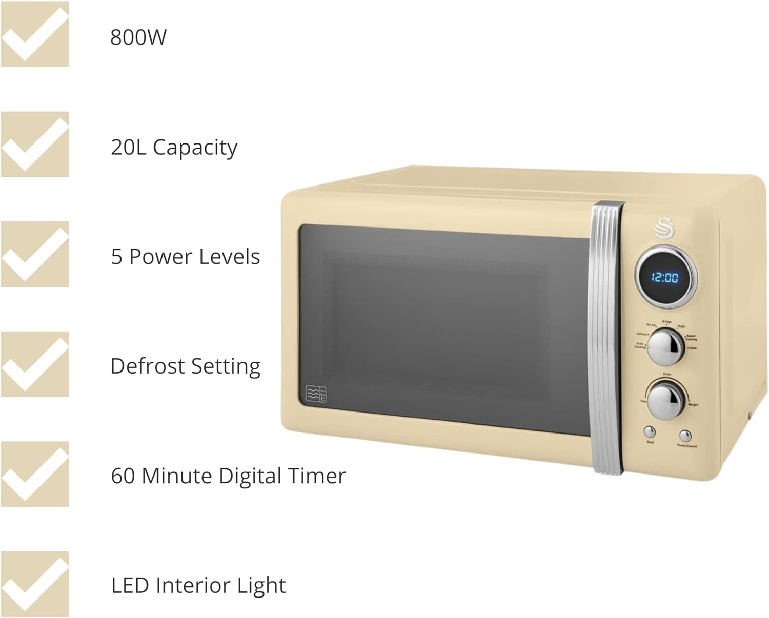 Swan SM22030LCN Retro LED Digital Microwave with Glass Turntable, 5 Power levels & Defrost Setting, 20L, 800W, Cream - Amazing Gadgets Outlet