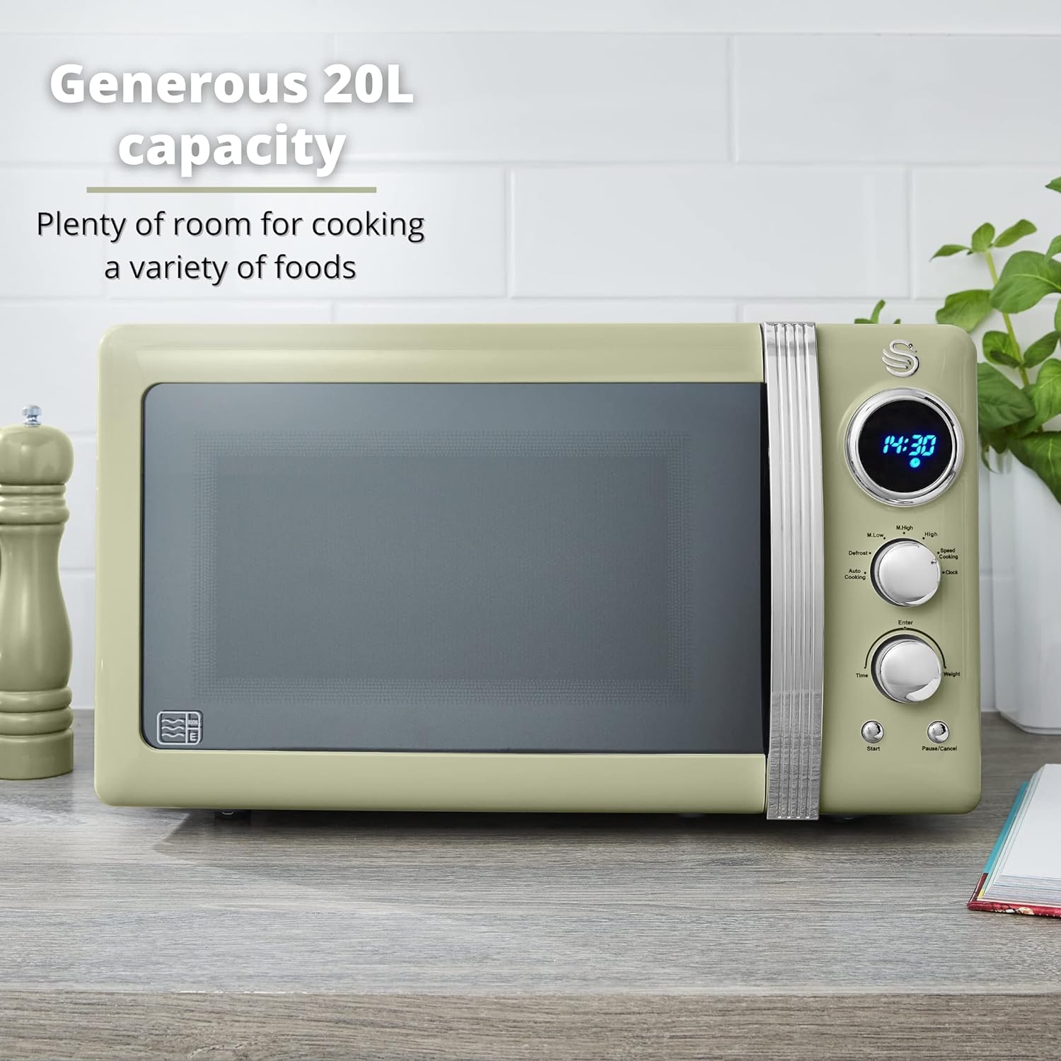 Swan SM22030LGN Retro LED Digital Microwave with Glass Turntable, 5 Power levels & Defrost Setting, 20L, 800W, Green - Amazing Gadgets Outlet