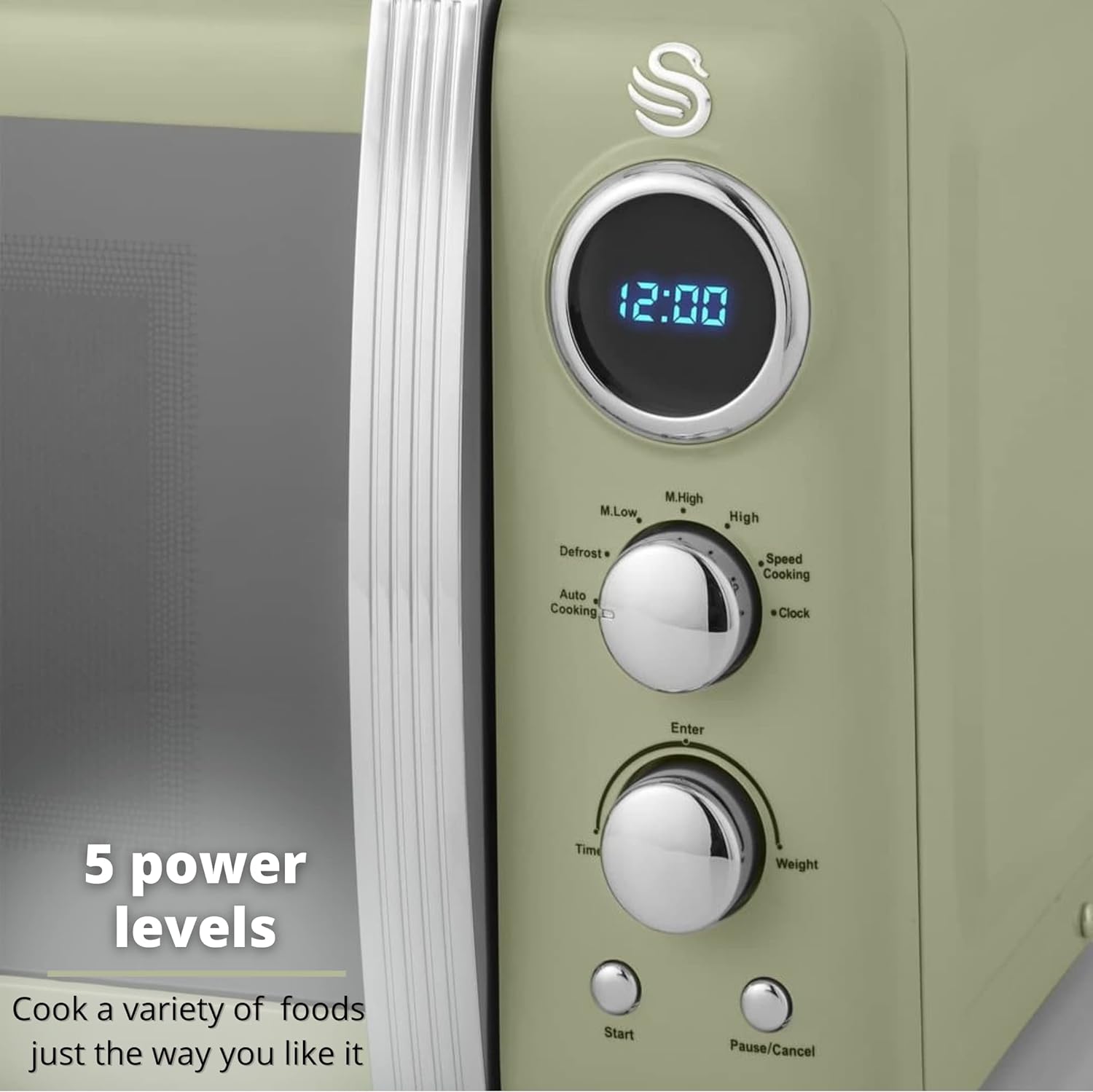 Swan SM22030LGN Retro LED Digital Microwave with Glass Turntable, 5 Power levels & Defrost Setting, 20L, 800W, Green - Amazing Gadgets Outlet