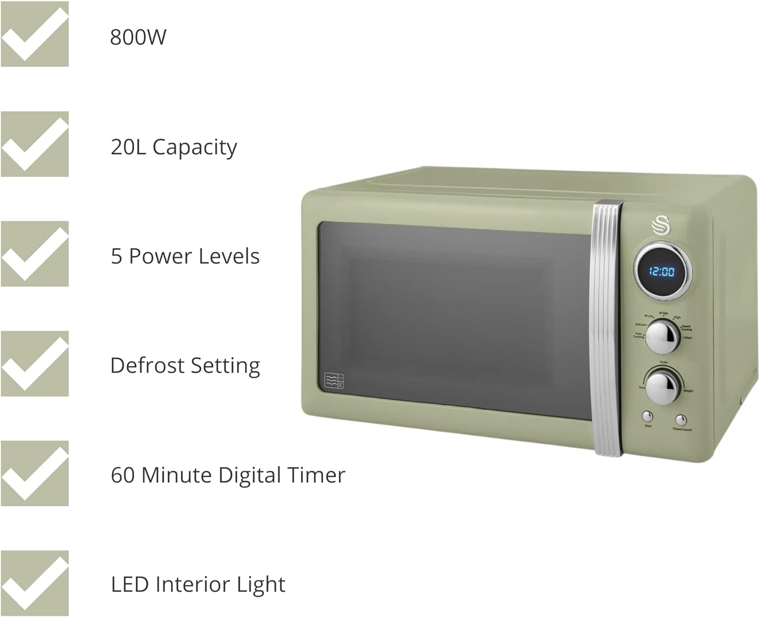 Swan SM22030LGN Retro LED Digital Microwave with Glass Turntable, 5 Power levels & Defrost Setting, 20L, 800W, Green - Amazing Gadgets Outlet