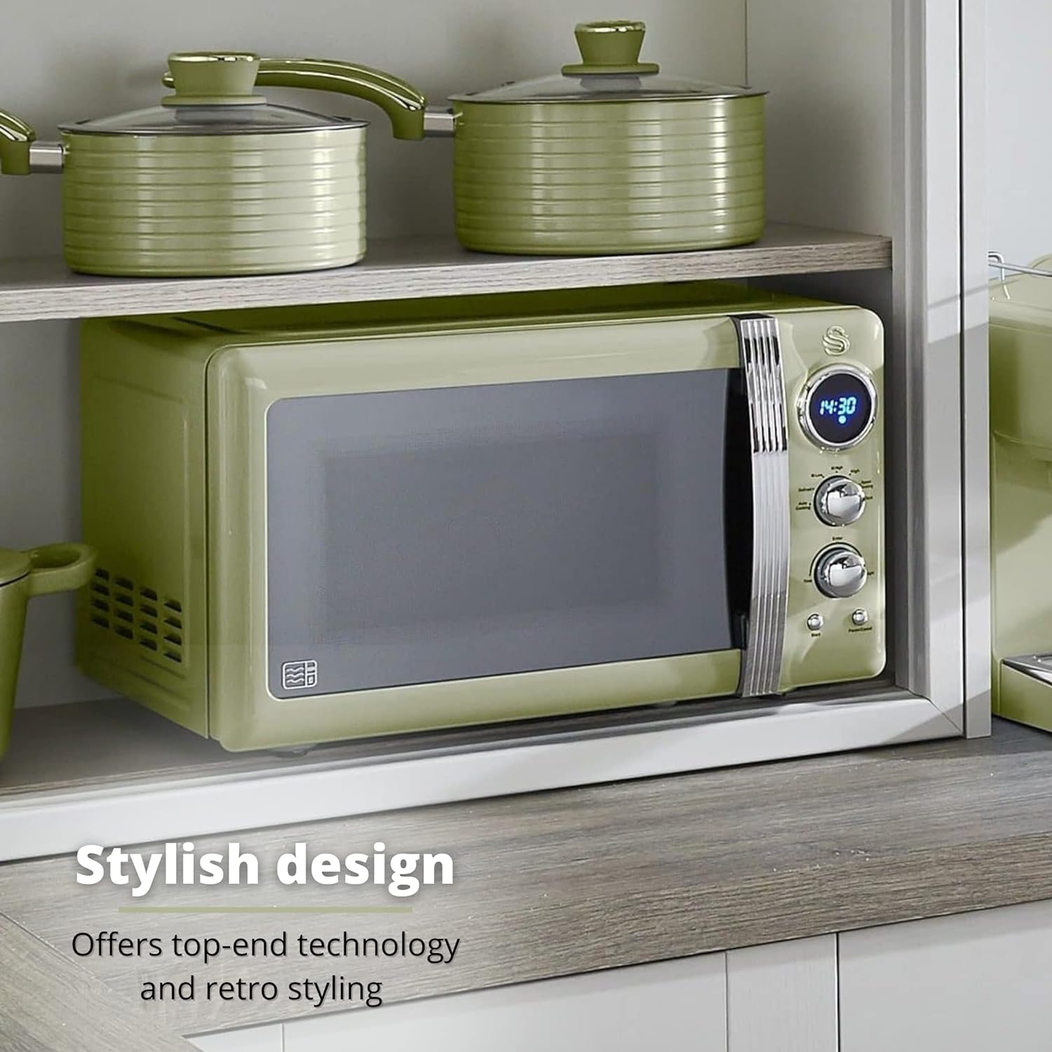 Swan SM22030LGN Retro LED Digital Microwave with Glass Turntable, 5 Power levels & Defrost Setting, 20L, 800W, Green - Amazing Gadgets Outlet