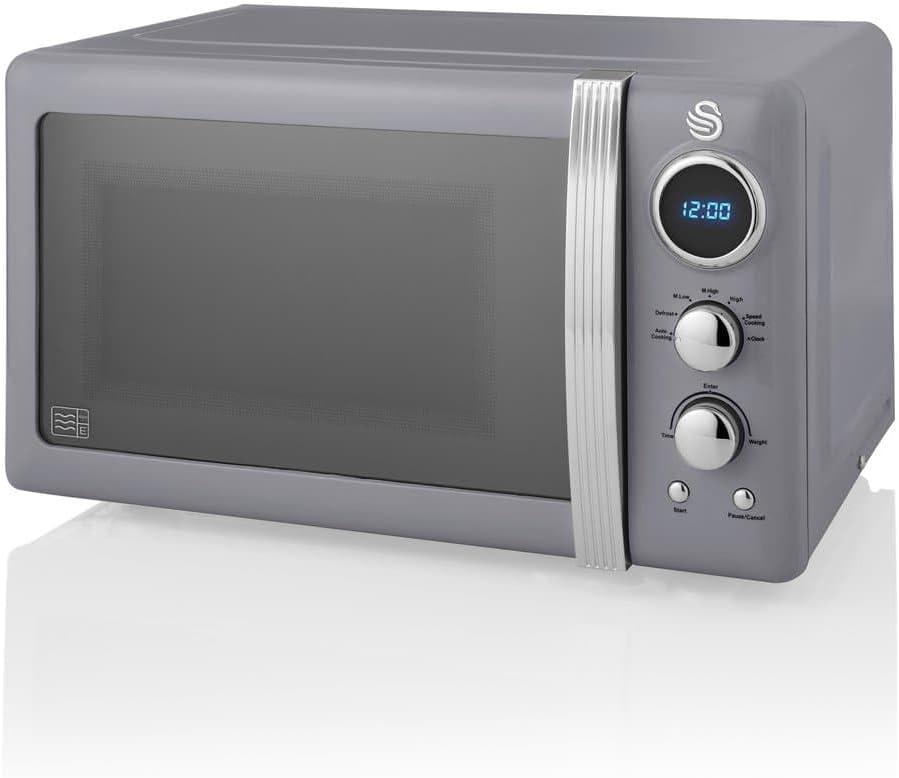 Swan SM22030LGRN Retro LED Digital Microwave with Glass Turntable, 5 Power levels & Defrost Setting, 20L, 800W, Grey - Amazing Gadgets Outlet