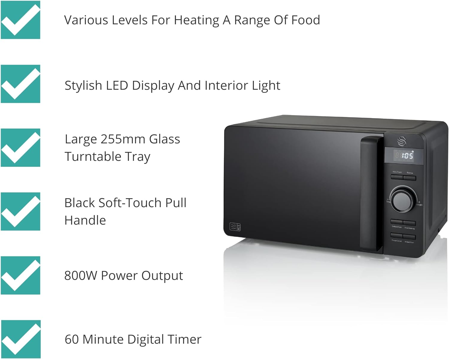 Swan SM22037LBLKN Stealth LED Digital Microwave with Glass Turntable, 60 Minute Timer, Defrost Setting, 20L, 800W, Matte Black - Amazing Gadgets Outlet