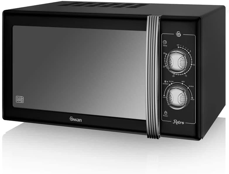 Swan SM22070LBN Retro Manual Microwave with Glass Turntable, 6 Power Levels & Defrost Setting, 25L, 900W, Black - Amazing Gadgets Outlet